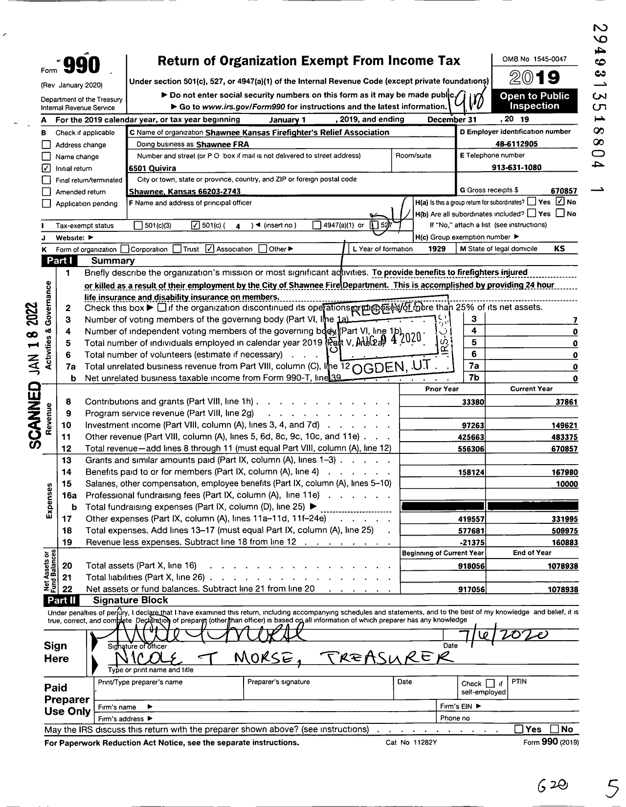 Image of first page of 2019 Form 990O for Shawnee KS Firefighters Relief Association