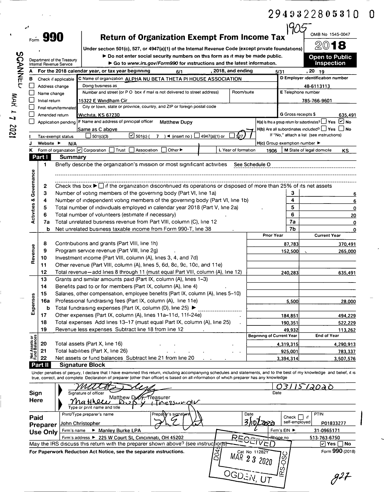 Image of first page of 2018 Form 990O for Alpha Nu Beta Theta Pi House Association