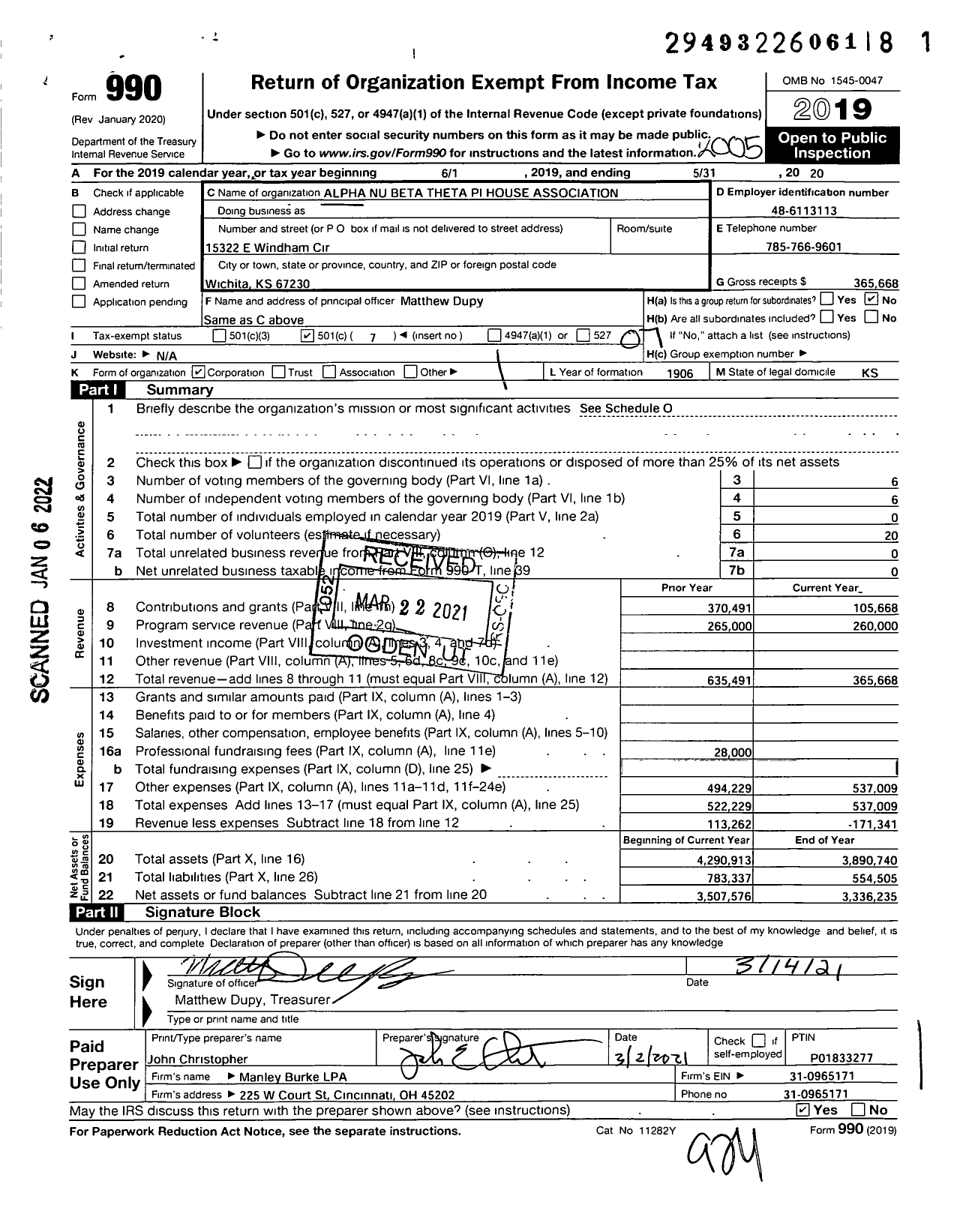 Image of first page of 2019 Form 990O for Alpha Nu Beta Theta Pi House Association