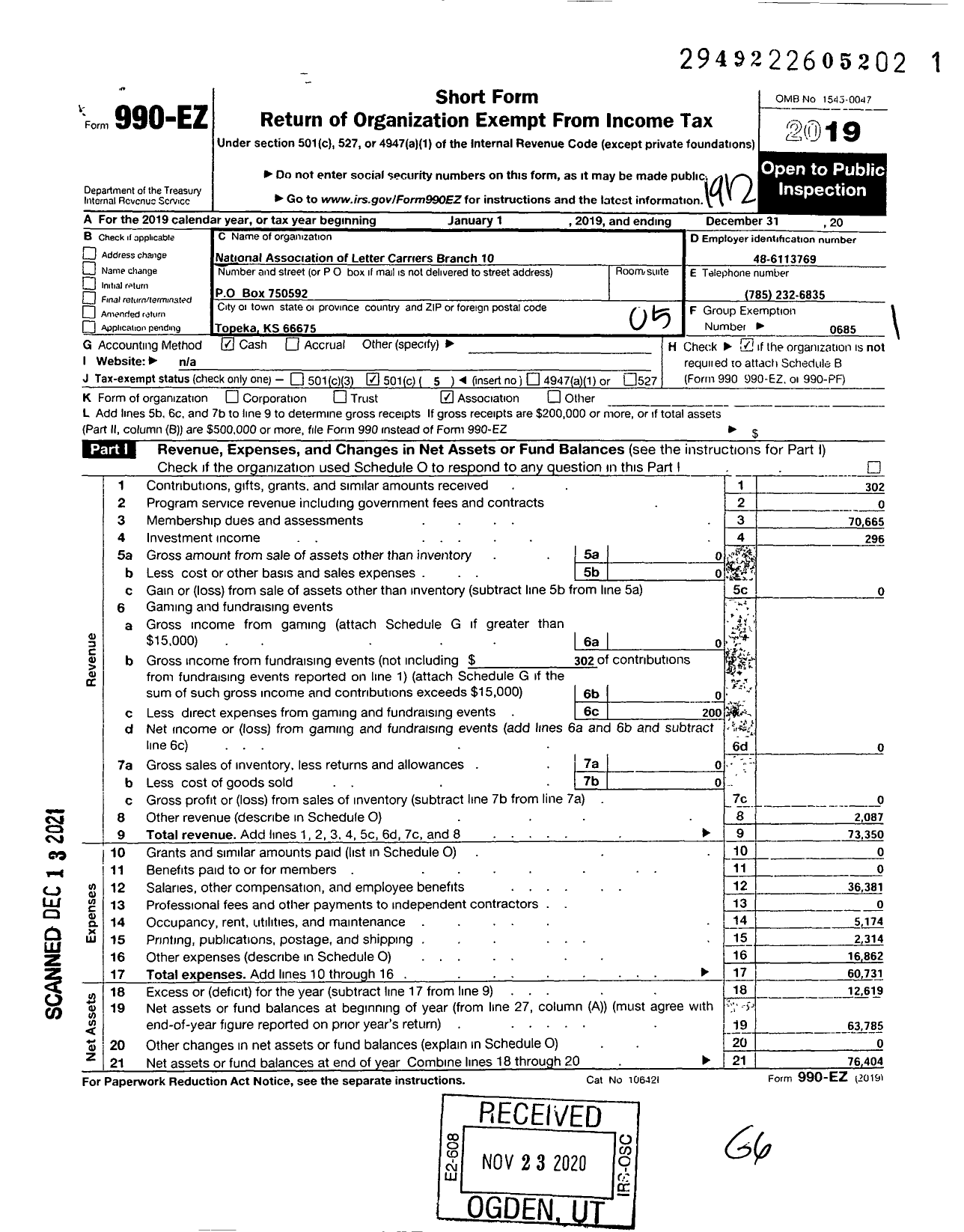 Image of first page of 2019 Form 990EO for NATIONAL ASSOCIATION OF LETTER CARRIERS - 10 Topeka Kansas