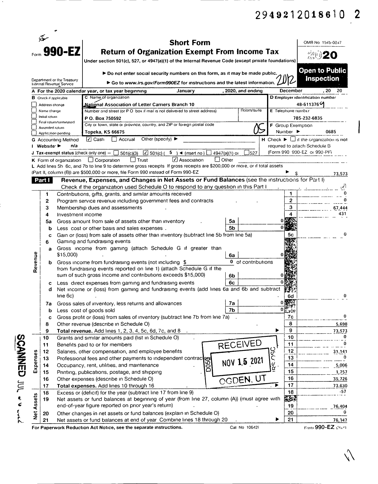 Image of first page of 2020 Form 990EO for NATIONAL ASSOCIATION OF LETTER CARRIERS - 10 Topeka Kansas