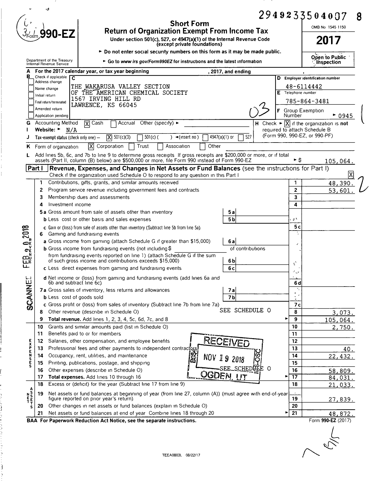 Image of first page of 2017 Form 990EZ for American Chemical Society - Wakarusa Valley Section