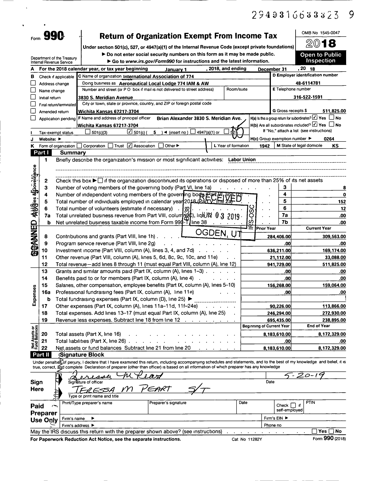 Image of first page of 2018 Form 990O for International Association of Machinists and Aerospace Workers - 774 Aeronautical Local Lodge