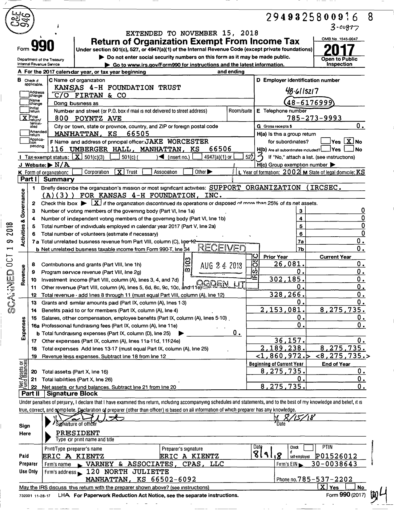 Image of first page of 2017 Form 990 for Kansas 4-H Foundation Trust Trust