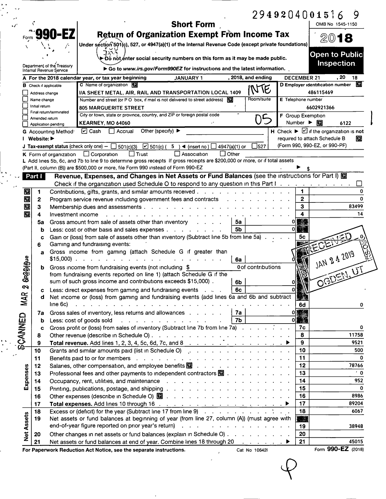 Image of first page of 2018 Form 990EO for Smart Union - 1409 TD
