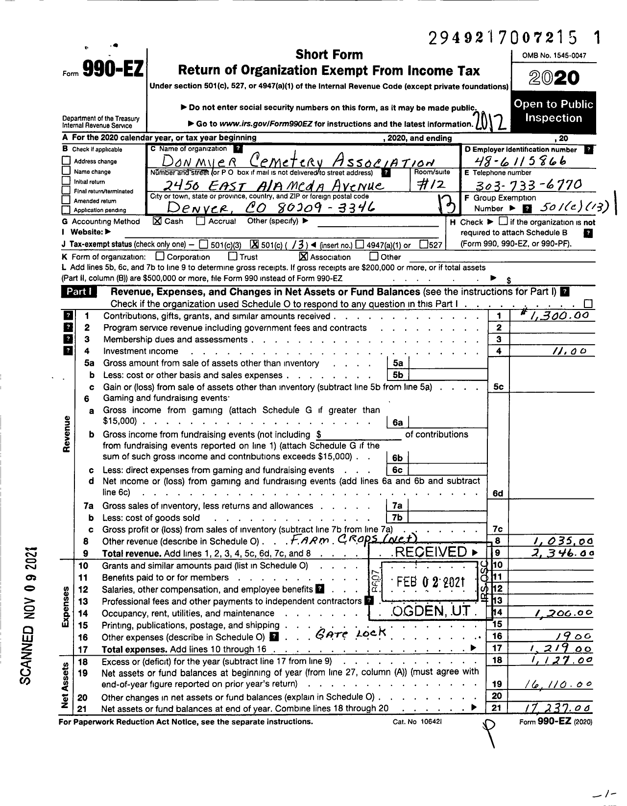Image of first page of 2020 Form 990EO for Donmyer Cemetery Association