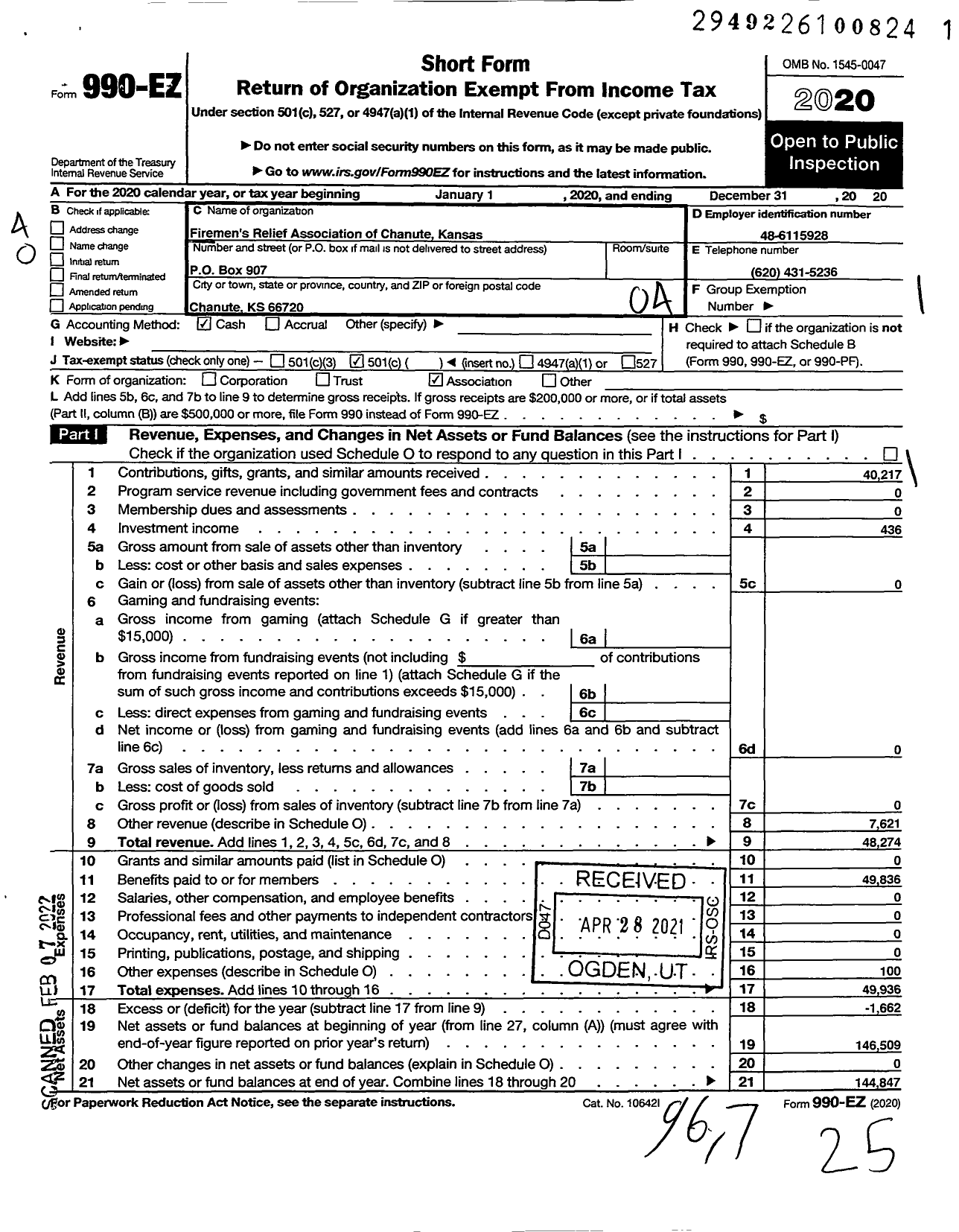 Image of first page of 2020 Form 990EO for Firemen's Relief Association of Chanute Kansas