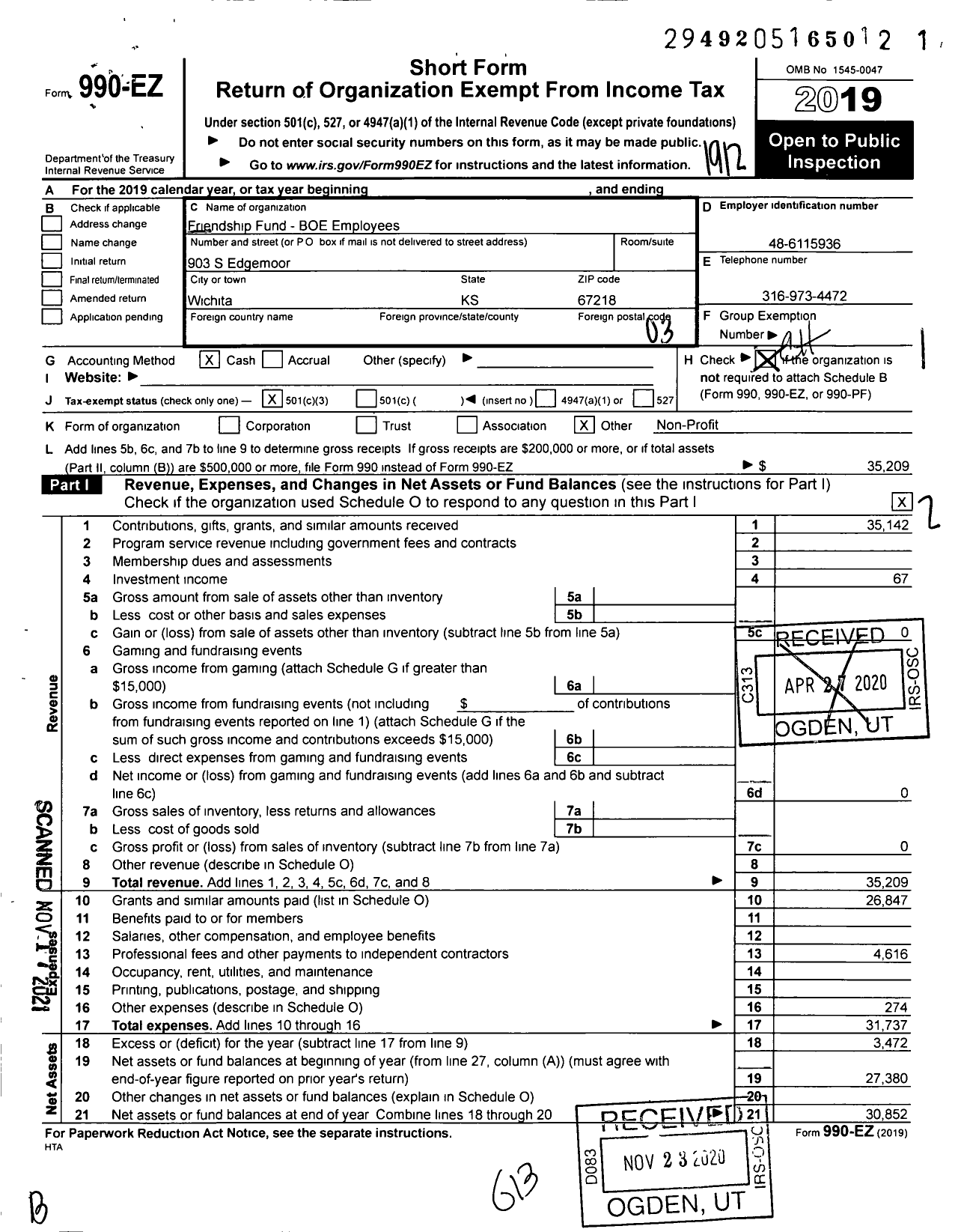 Image of first page of 2019 Form 990EZ for FRIENDSHIP FUNd - Board of Education EMPLOYEES