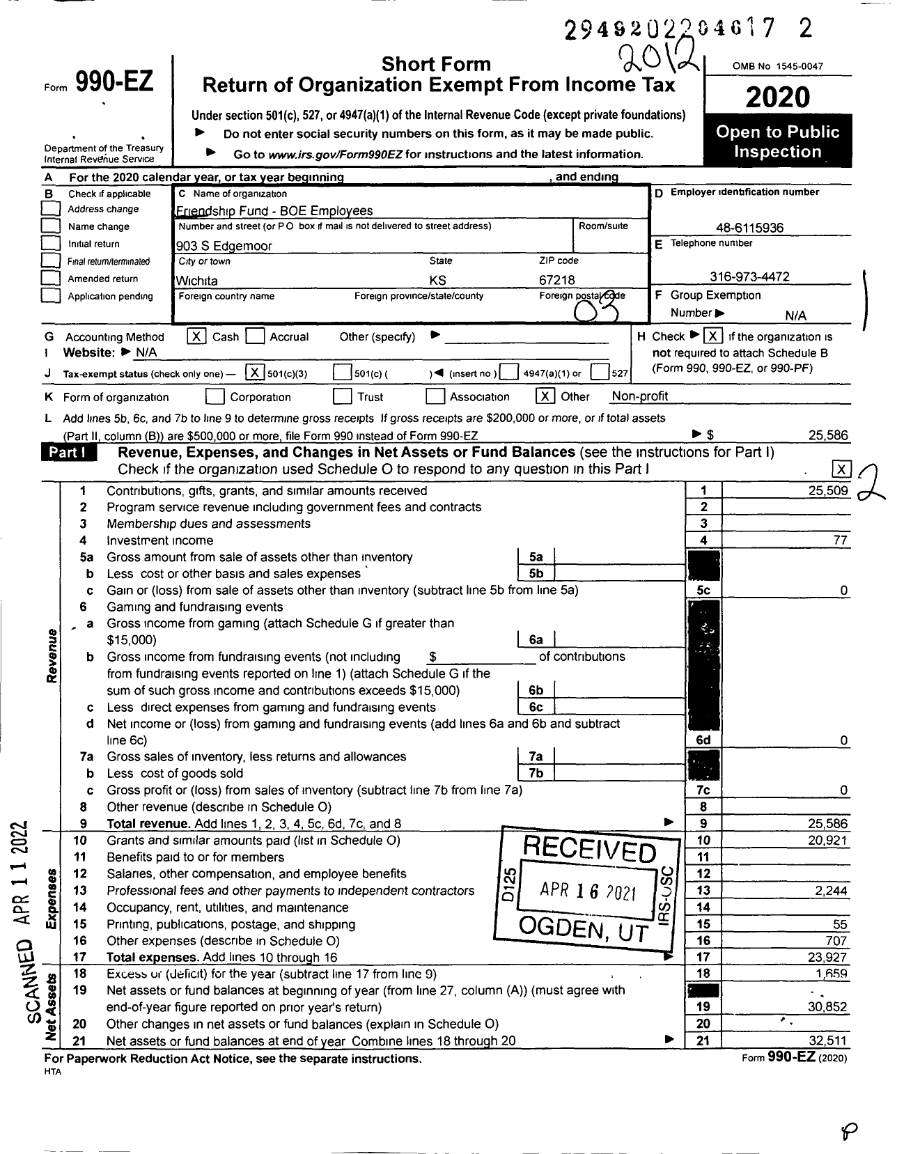 Image of first page of 2020 Form 990EZ for FRIENDSHIP FUNd - Board of Education EMPLOYEES