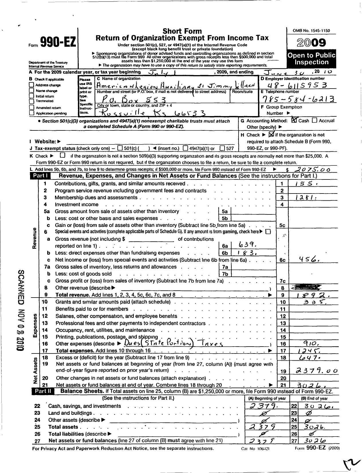 Image of first page of 2009 Form 990EO for American Legion Auxiliary - 31 Jimmie Lillard