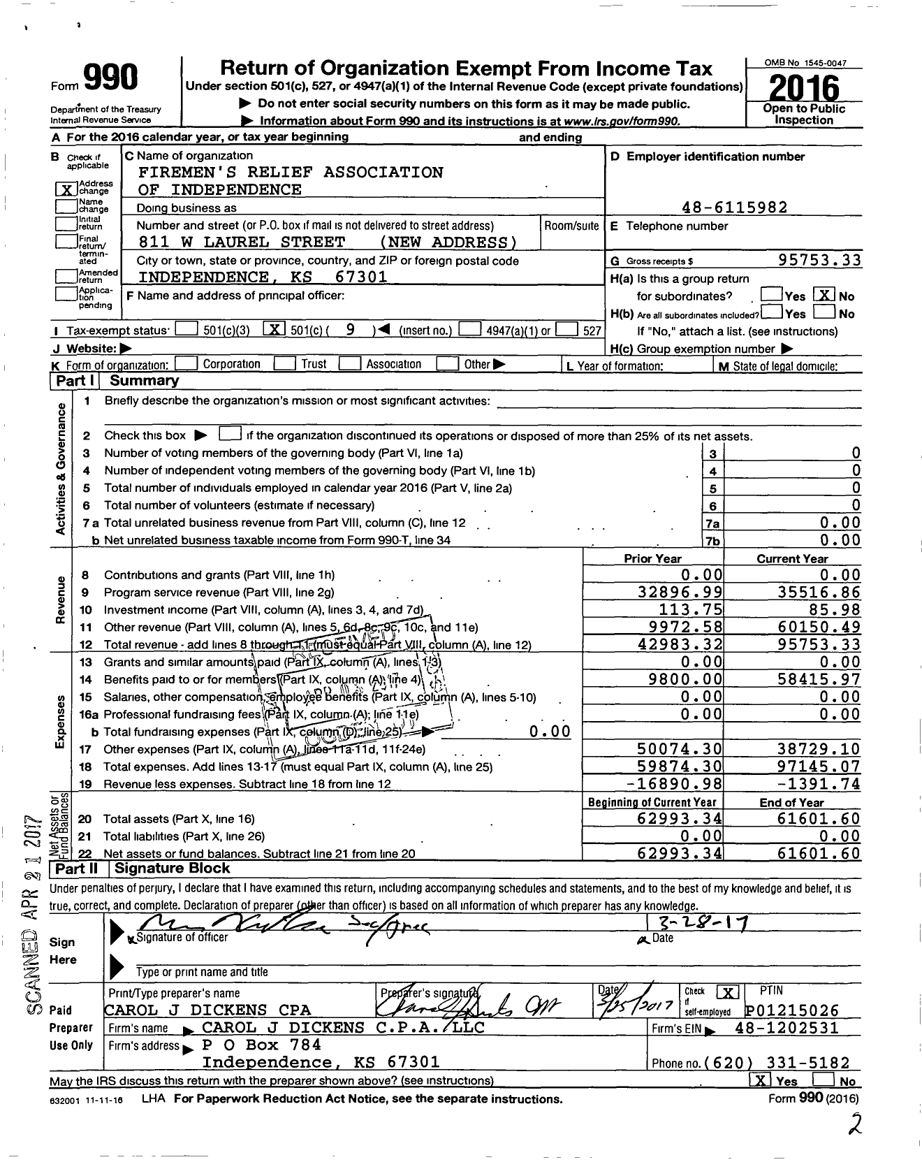 Image of first page of 2016 Form 990O for Firemen's Relief Association of Independence