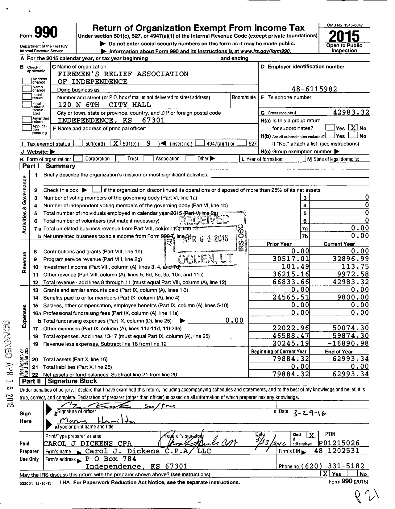 Image of first page of 2015 Form 990O for Firemen's Relief Association of Independence