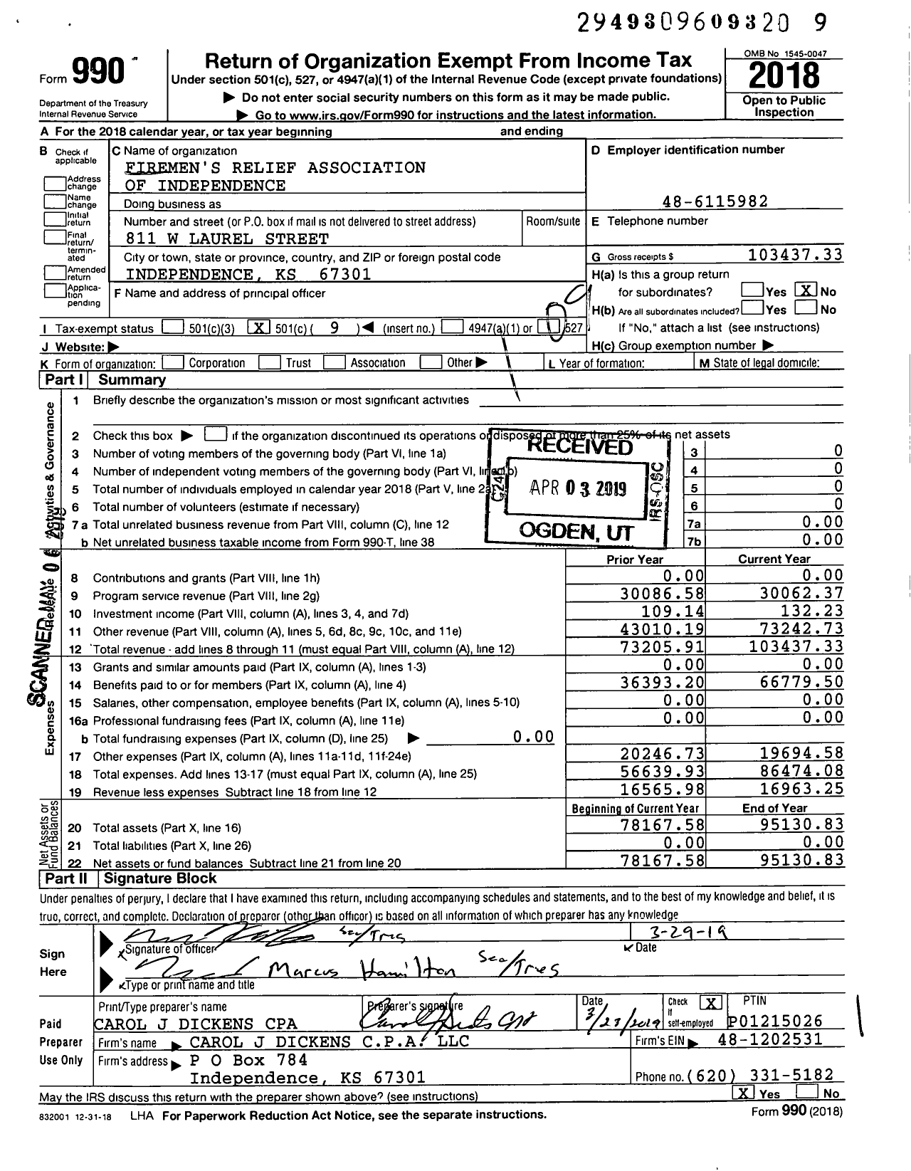 Image of first page of 2018 Form 990O for Firemen's Relief Association of Independence