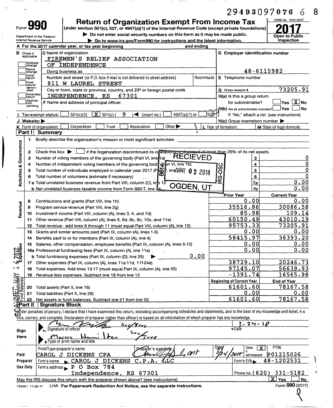 Image of first page of 2017 Form 990O for Firemen's Relief Association of Independence