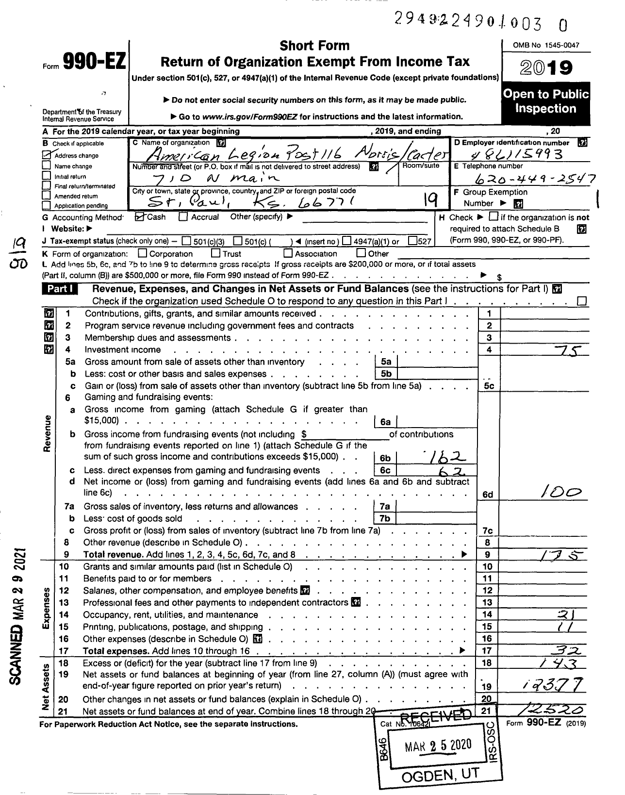 Image of first page of 2019 Form 990EO for American Legion - Post 116 Norris-Carter