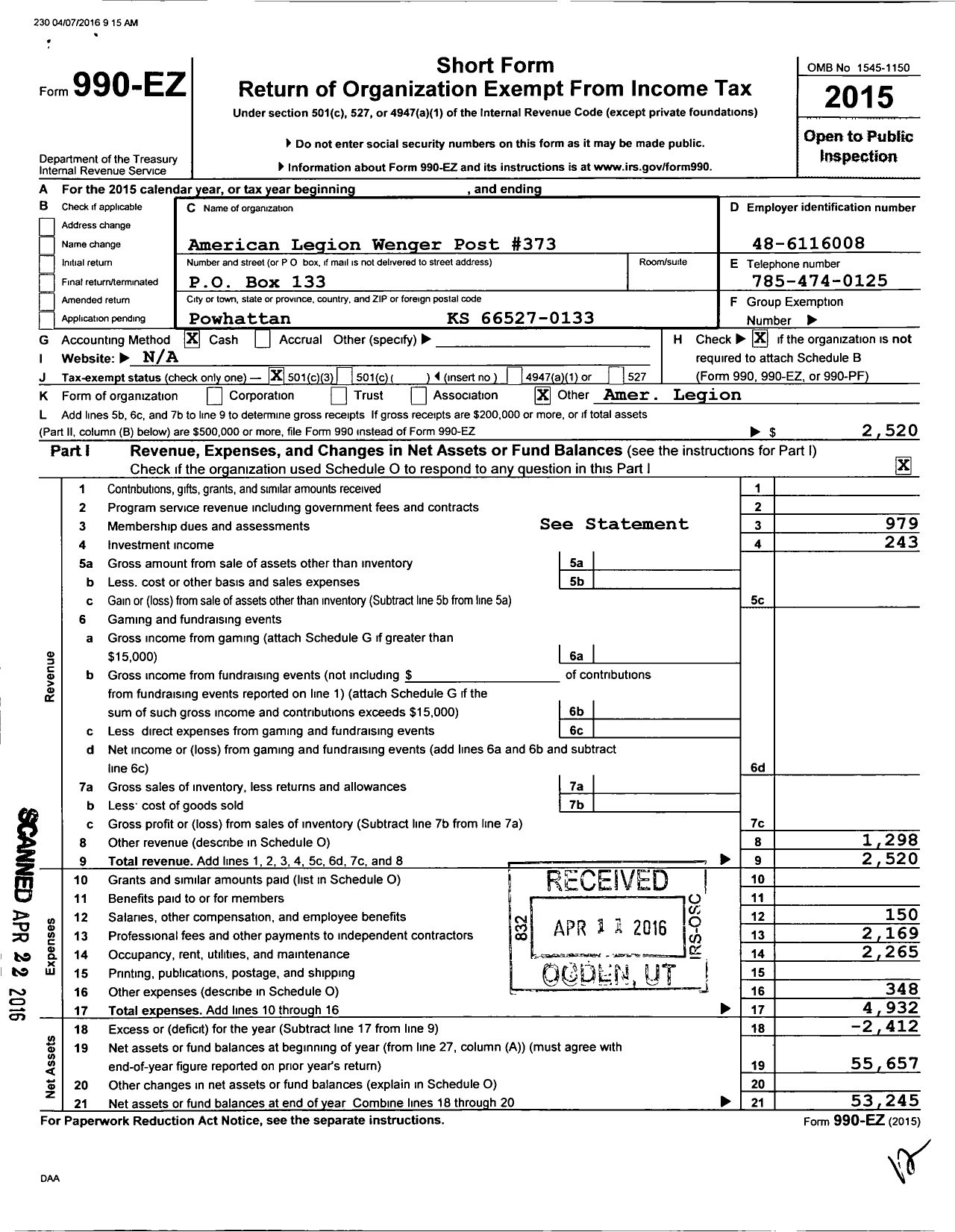 Image of first page of 2015 Form 990EZ for American Legion - 373 Wenger