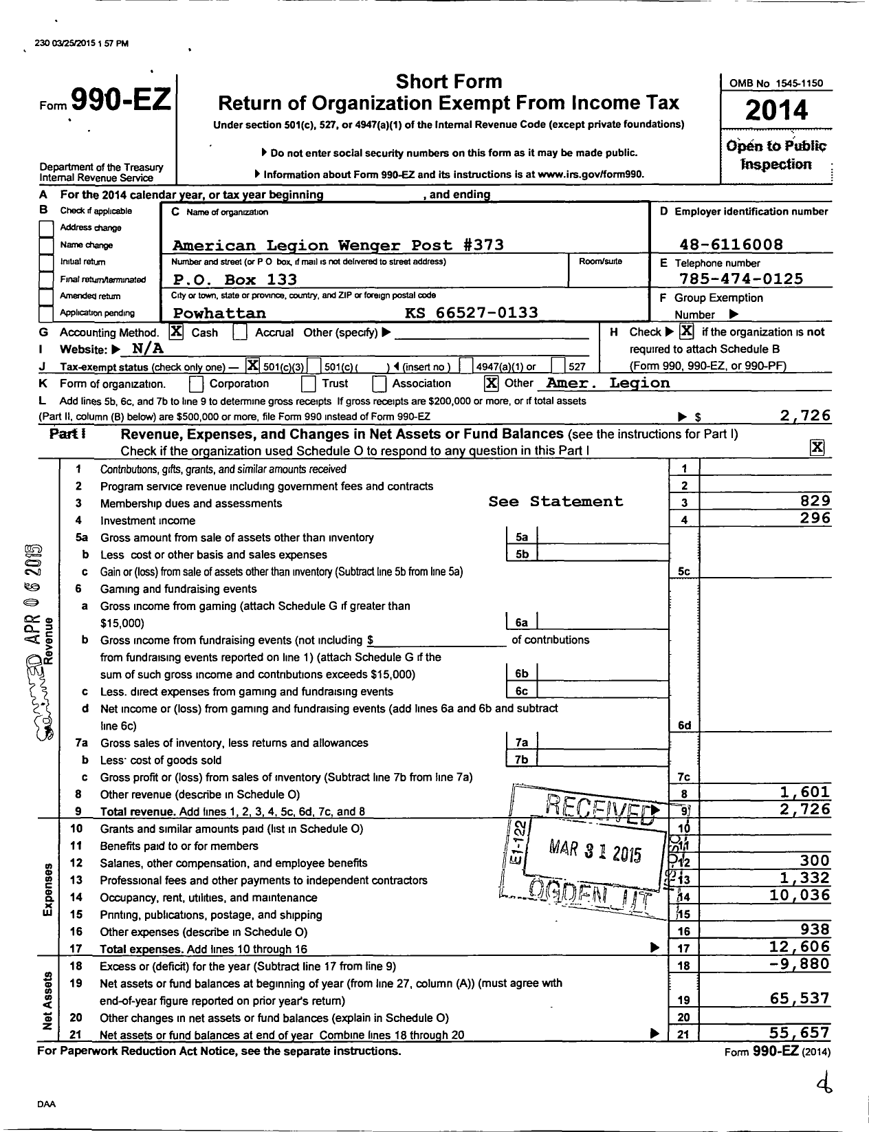 Image of first page of 2014 Form 990EZ for American Legion - 373 Wenger