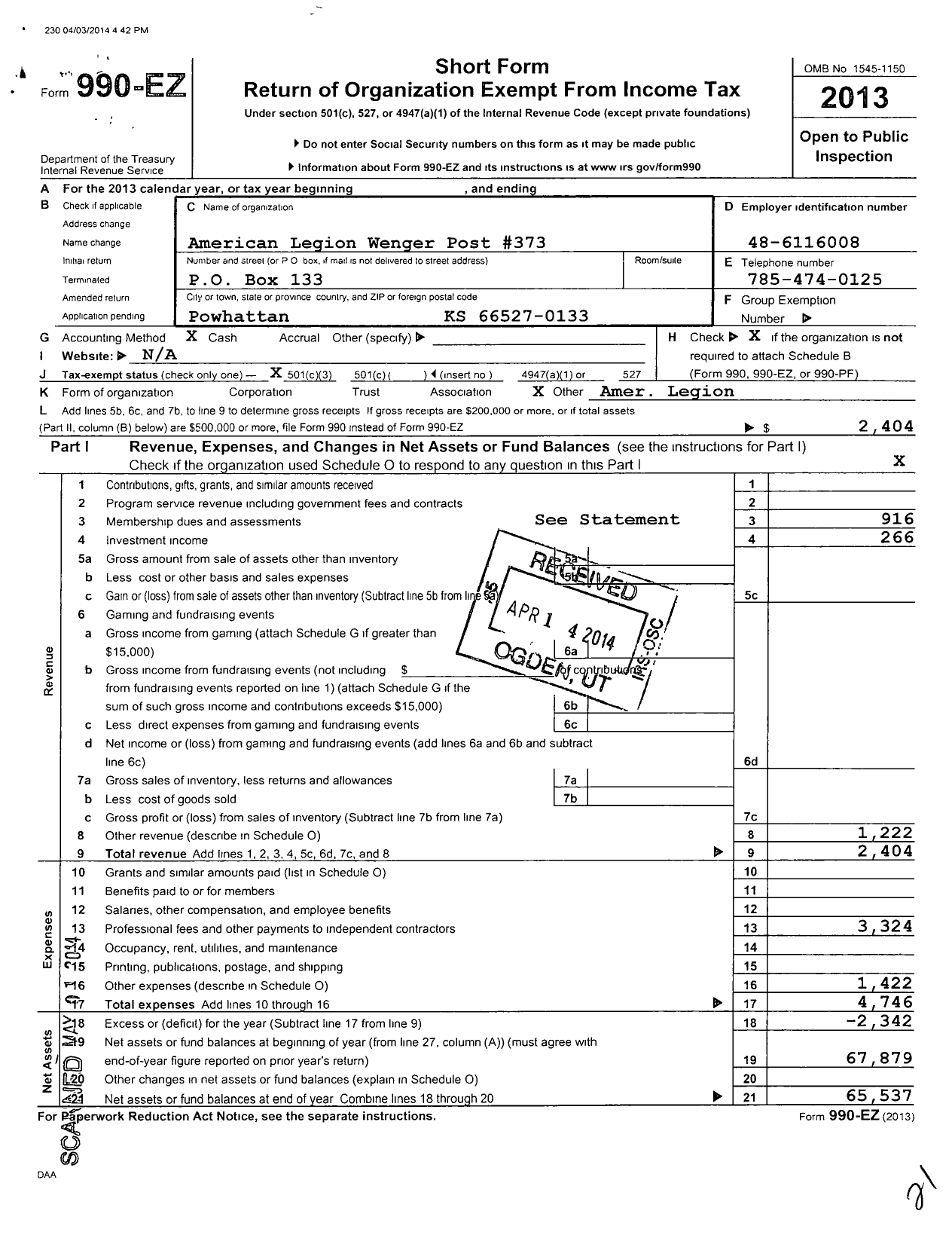 Image of first page of 2013 Form 990EZ for American Legion - 373 Wenger