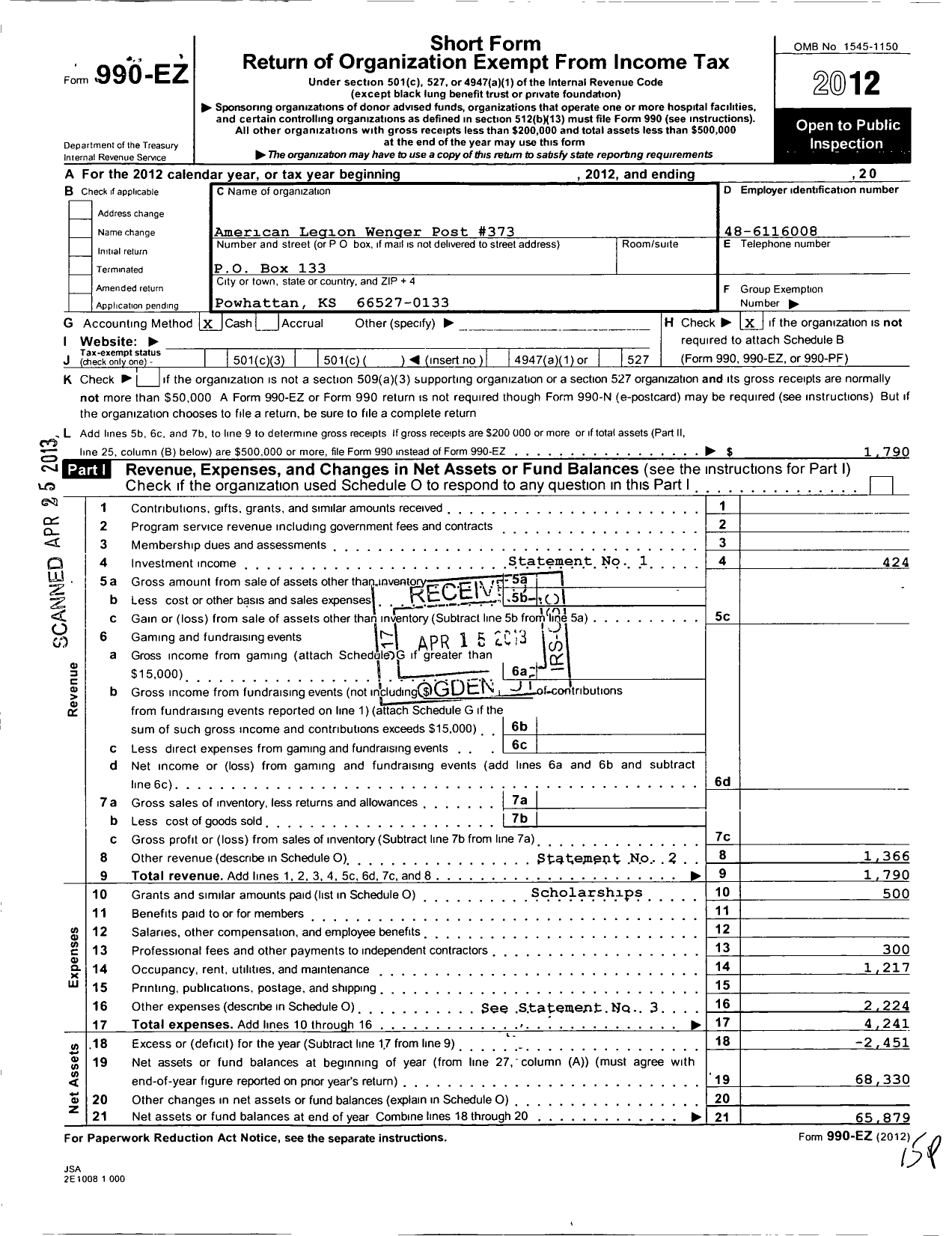 Image of first page of 2012 Form 990EO for American Legion - 373 Wenger