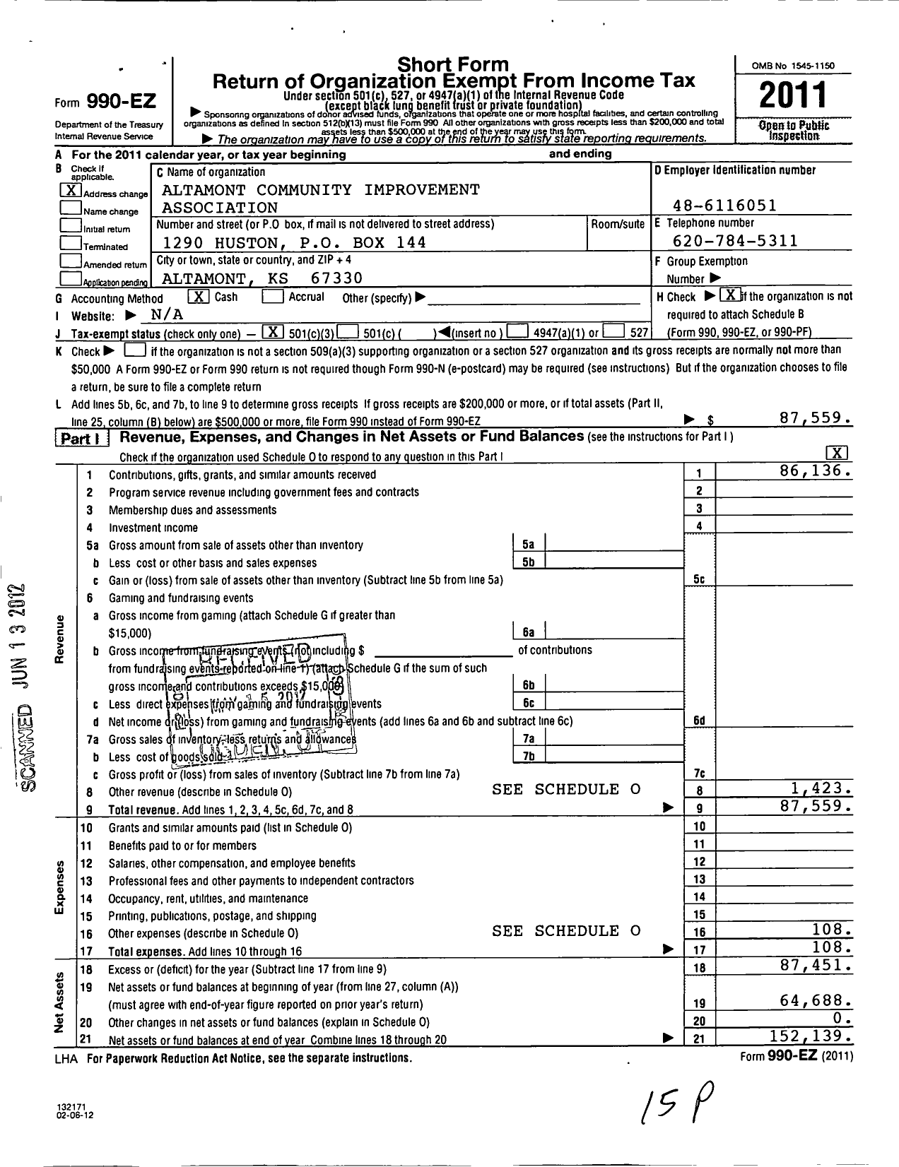 Image of first page of 2011 Form 990EZ for Altamont Community Improvement Association