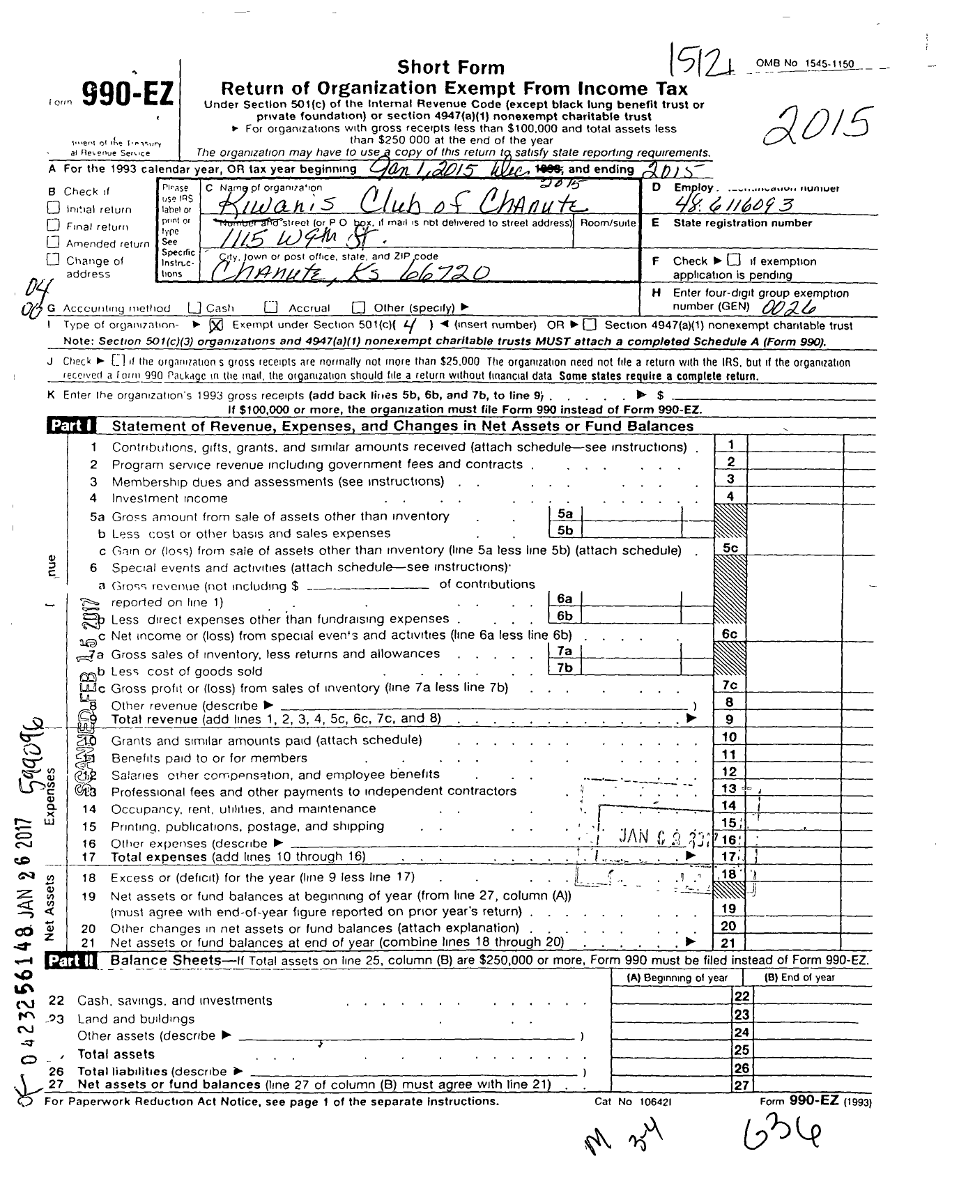 Image of first page of 2015 Form 990EO for Kiwanis International - K00516 Chanute