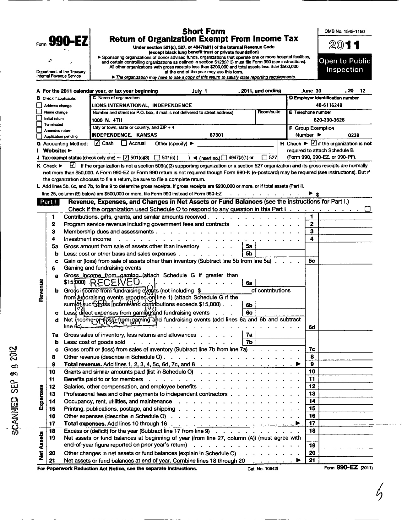 Image of first page of 2011 Form 990EZ for International Association of Lions Clubs