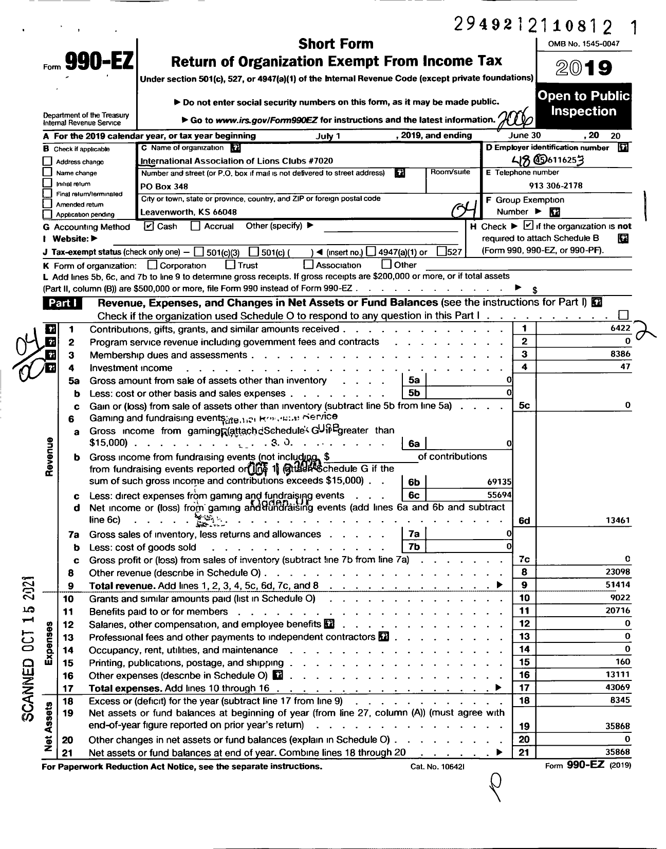 Image of first page of 2019 Form 990EO for Lions Clubs - 7020 Leavenworth