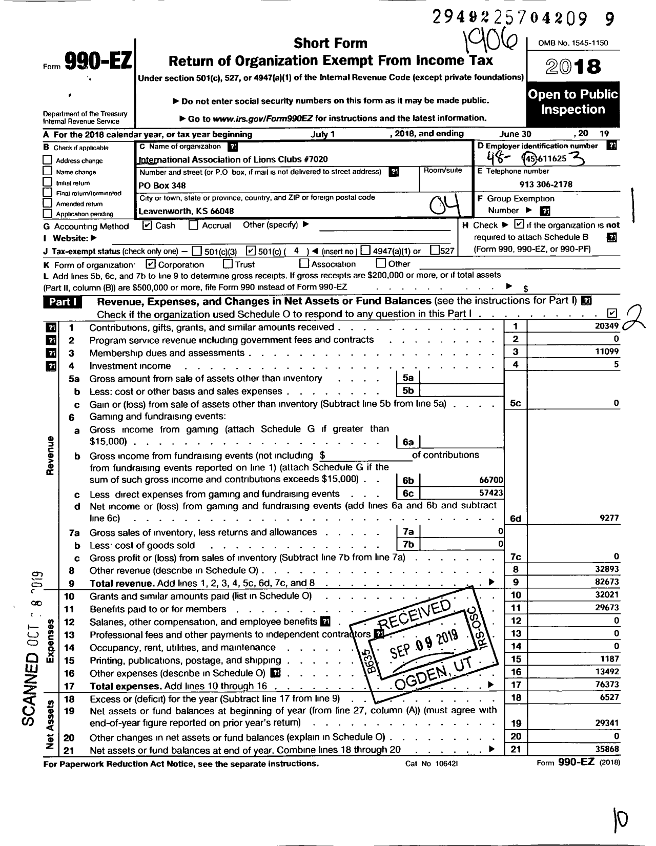 Image of first page of 2018 Form 990EO for Lions Clubs - 7020 Leavenworth