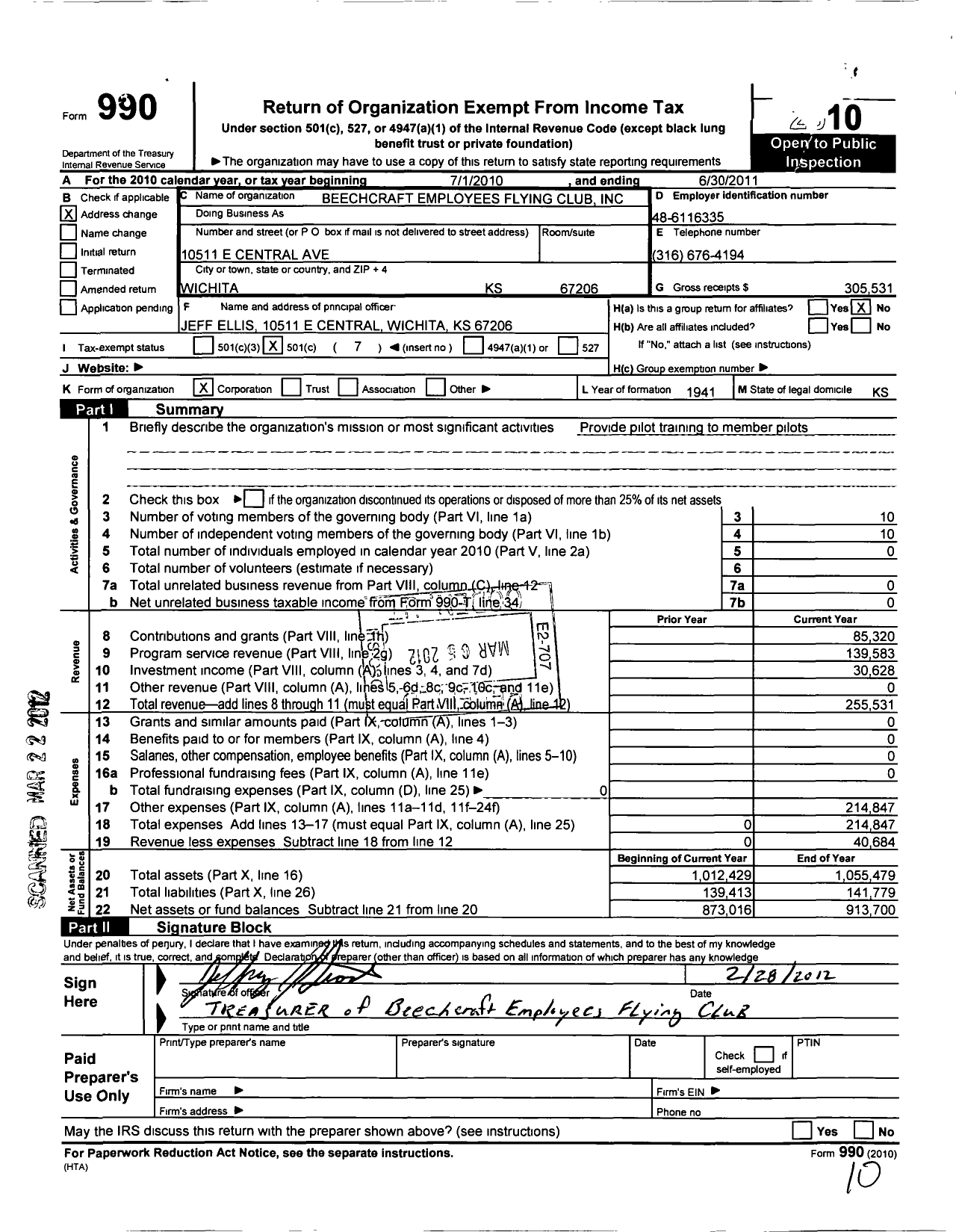 Image of first page of 2010 Form 990O for Beechcraft Employees Flying Club