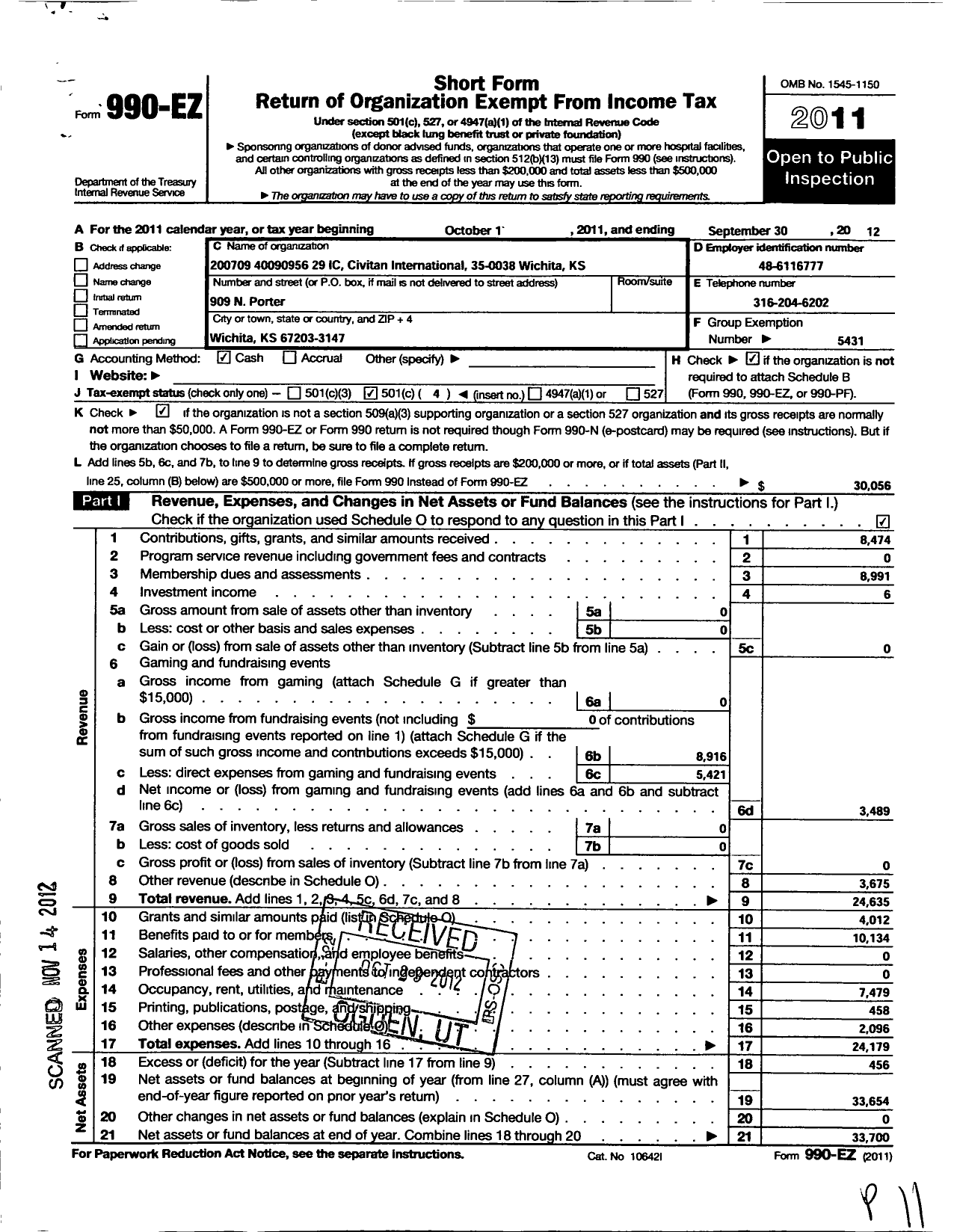 Image of first page of 2011 Form 990EO for Civitan International / Wichita KS