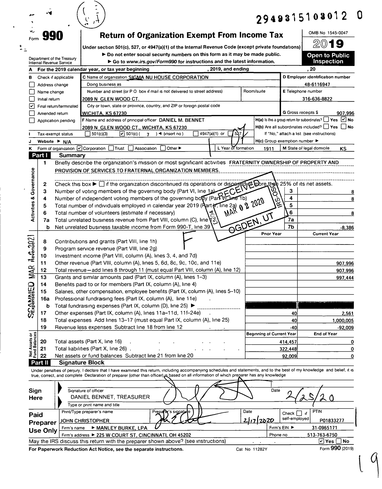 Image of first page of 2019 Form 990O for Sigma Nu House Corporation