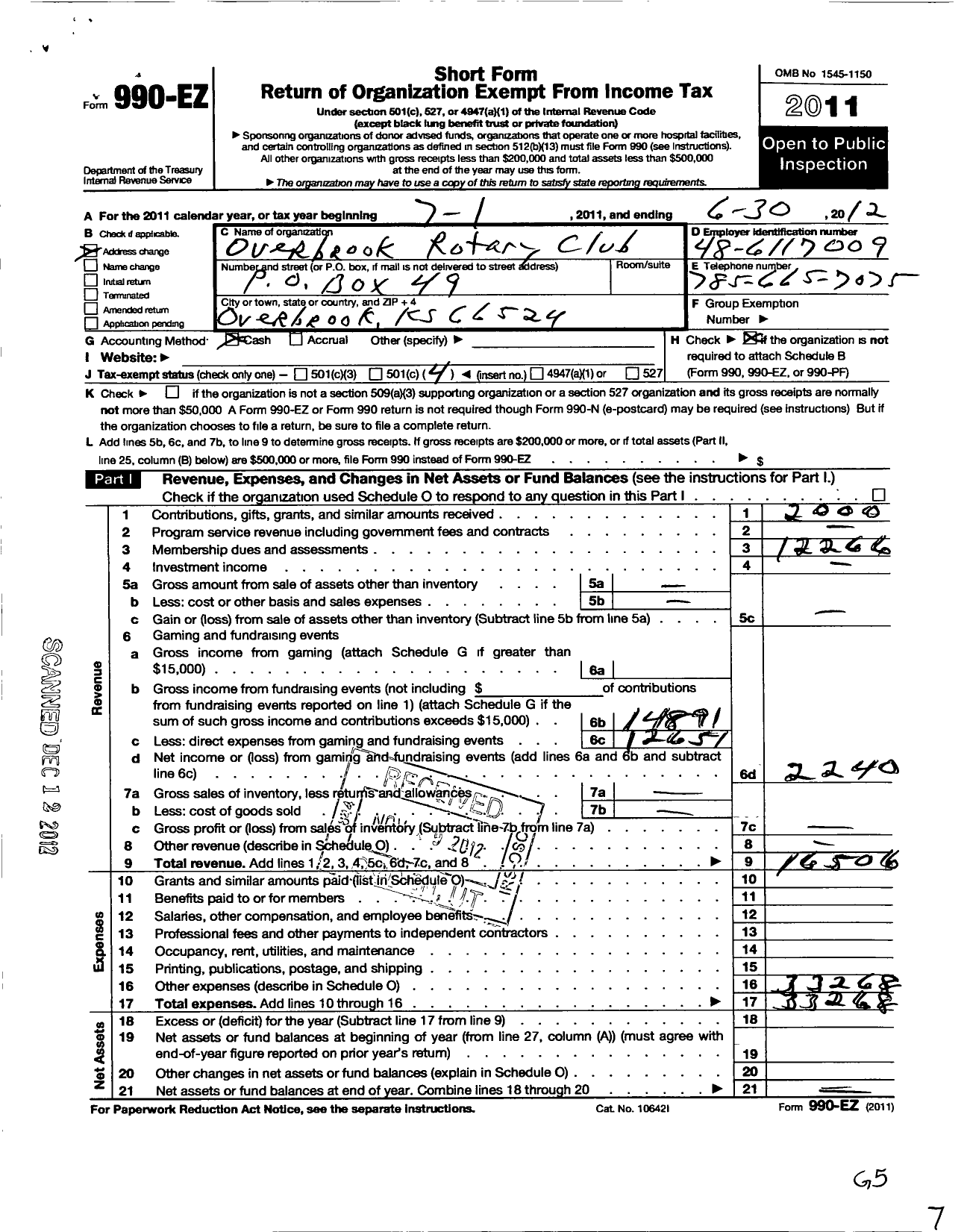 Image of first page of 2011 Form 990EO for Rotary International - Overbrook Rotary Club