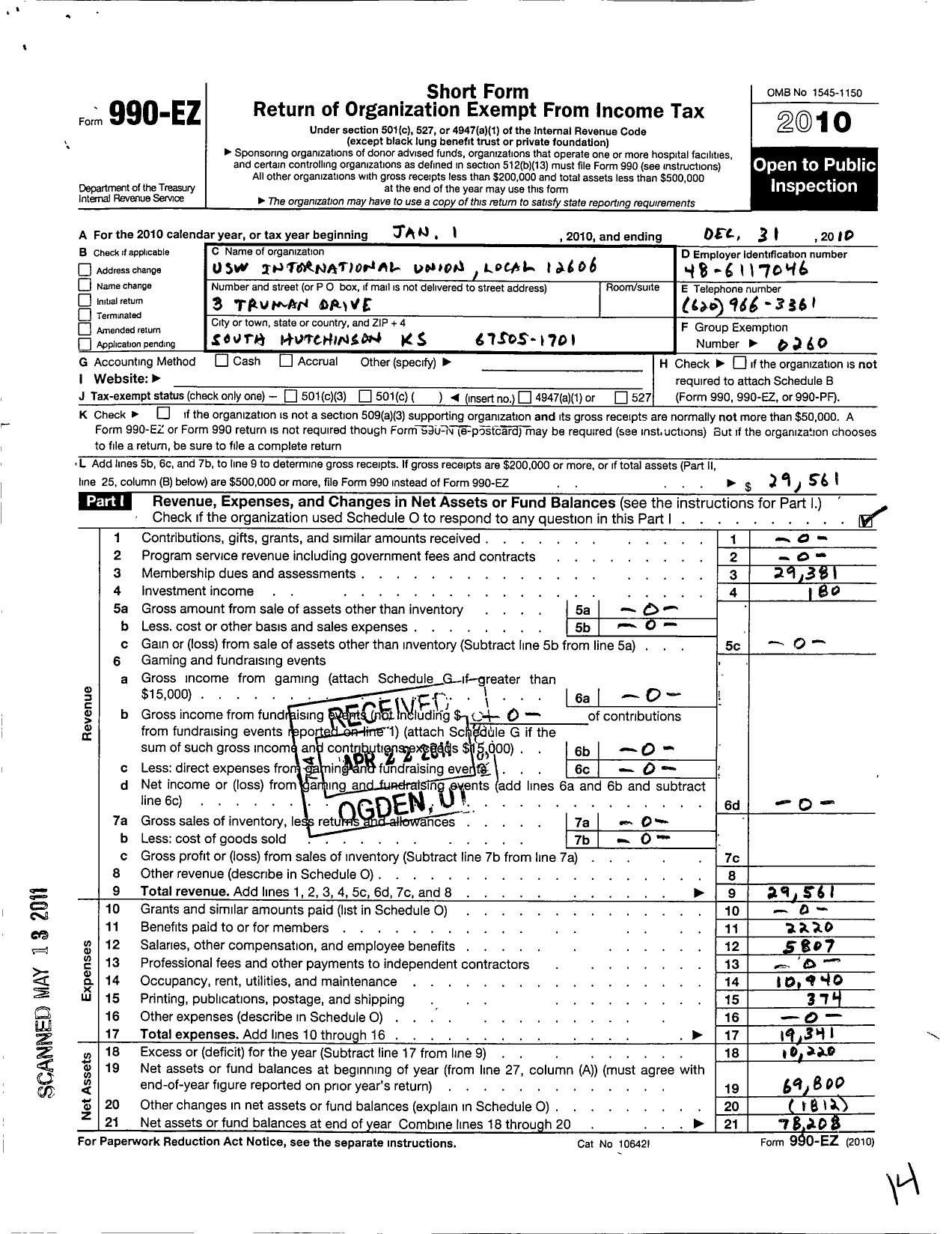 Image of first page of 2010 Form 990EO for United Steelworkers - 12606 Local