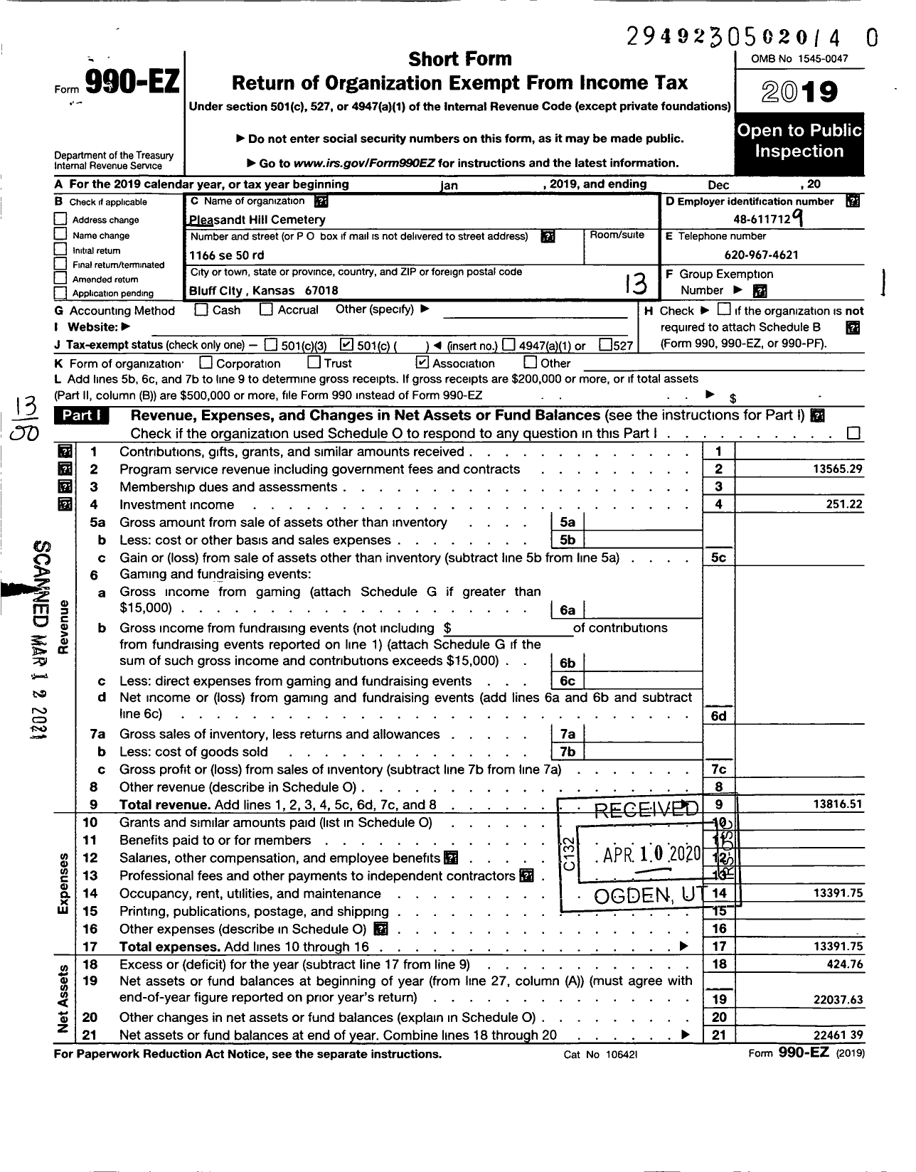 Image of first page of 2019 Form 990EO for Pleasant Hill Cemetery District