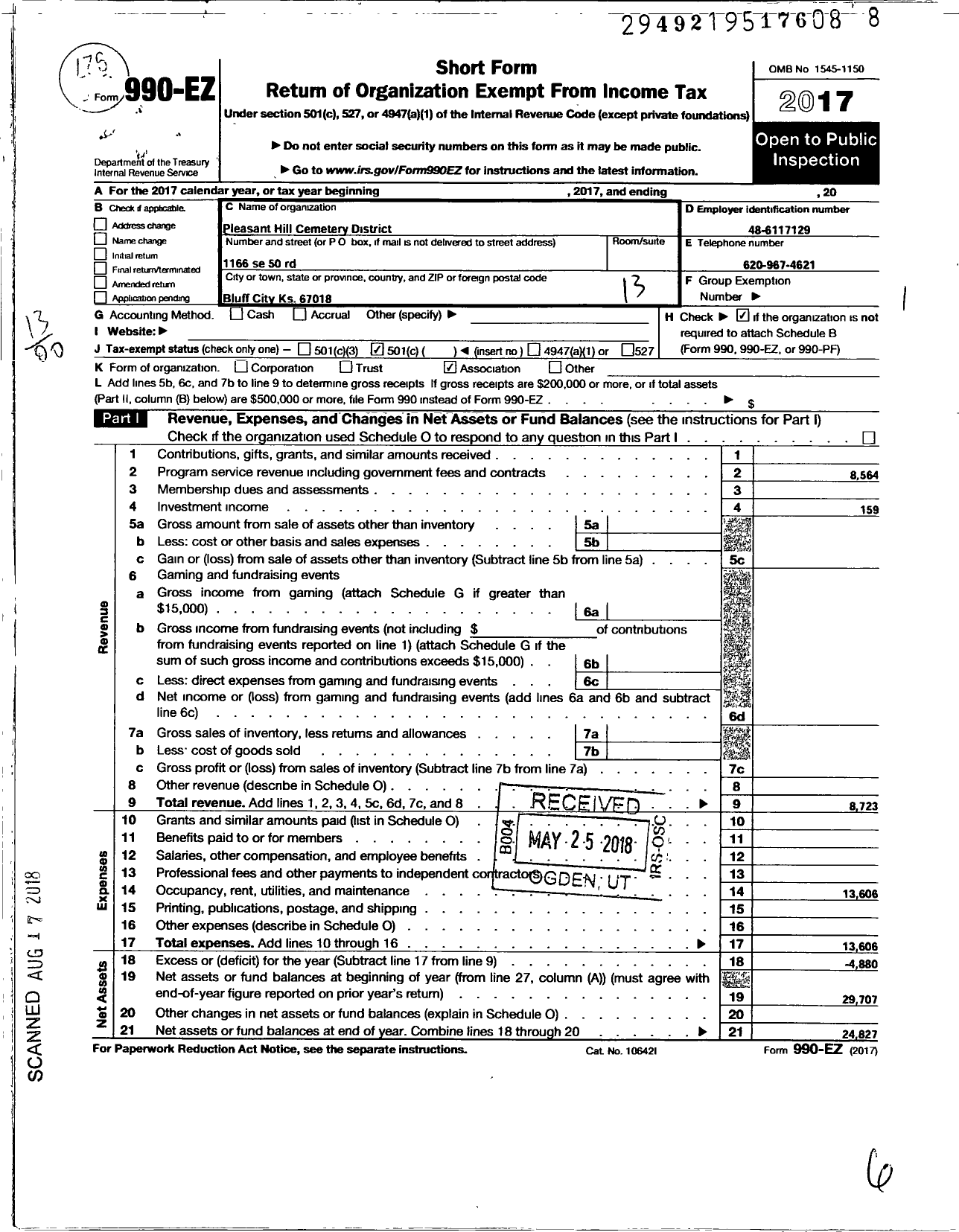 Image of first page of 2017 Form 990EO for Pleasant Hill Cemetery District