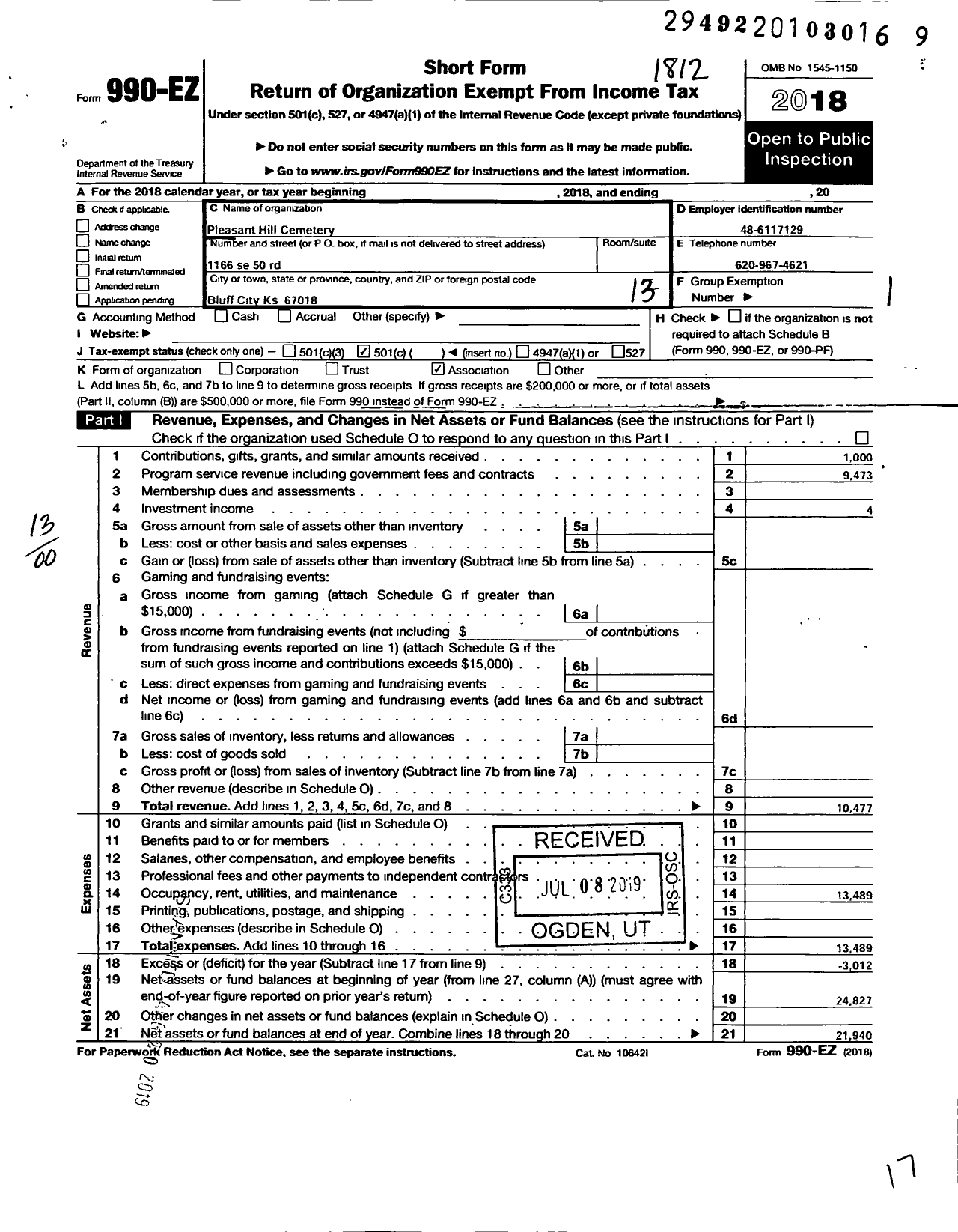 Image of first page of 2018 Form 990EO for Pleasant Hill Cemetery District