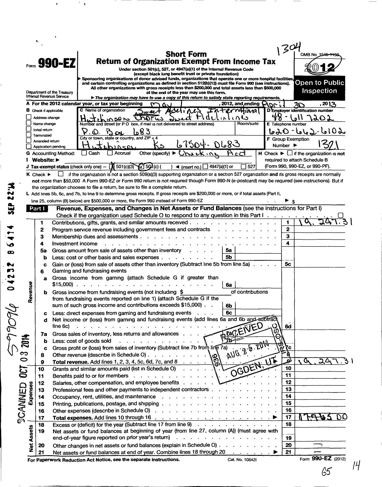 Image of first page of 2012 Form 990EZ for Sweet Adelines International - 110132 Hutchinson