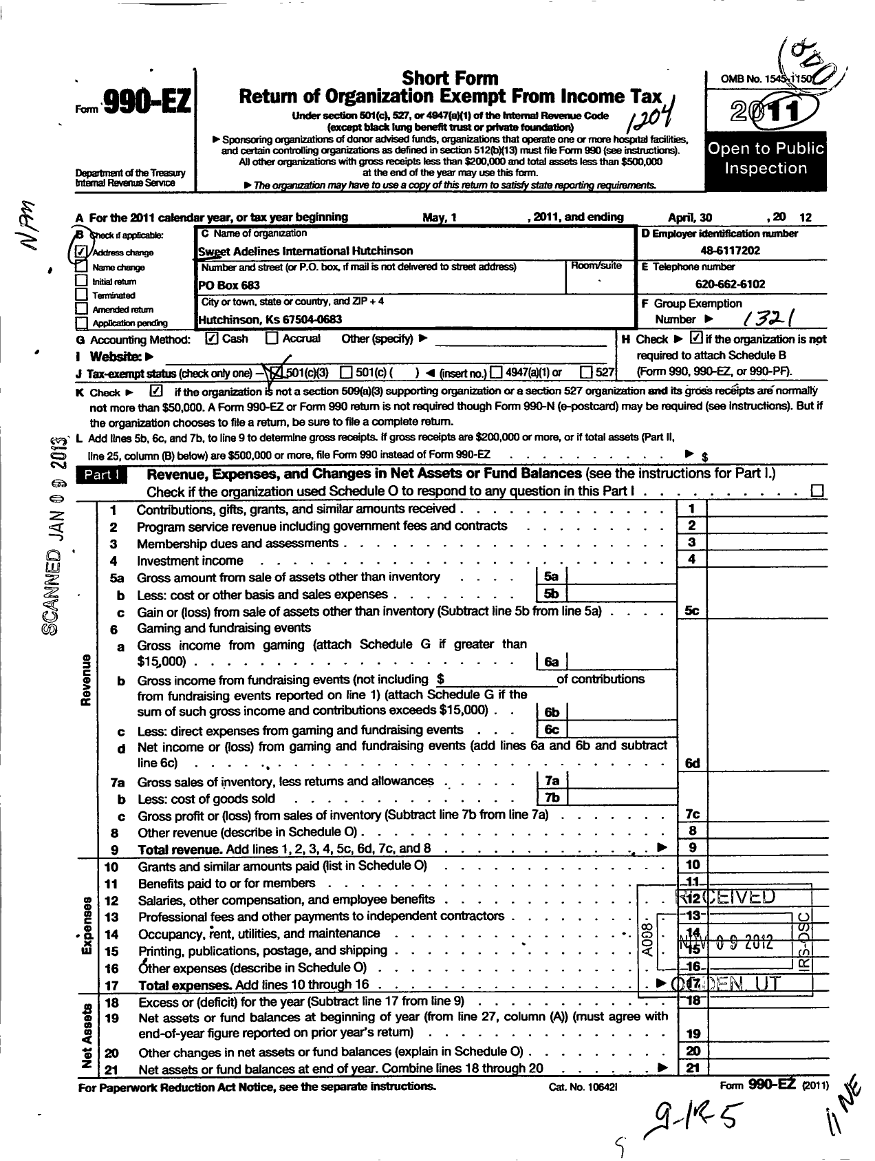 Image of first page of 2011 Form 990EZ for Sweet Adelines International - 110132 Hutchinson