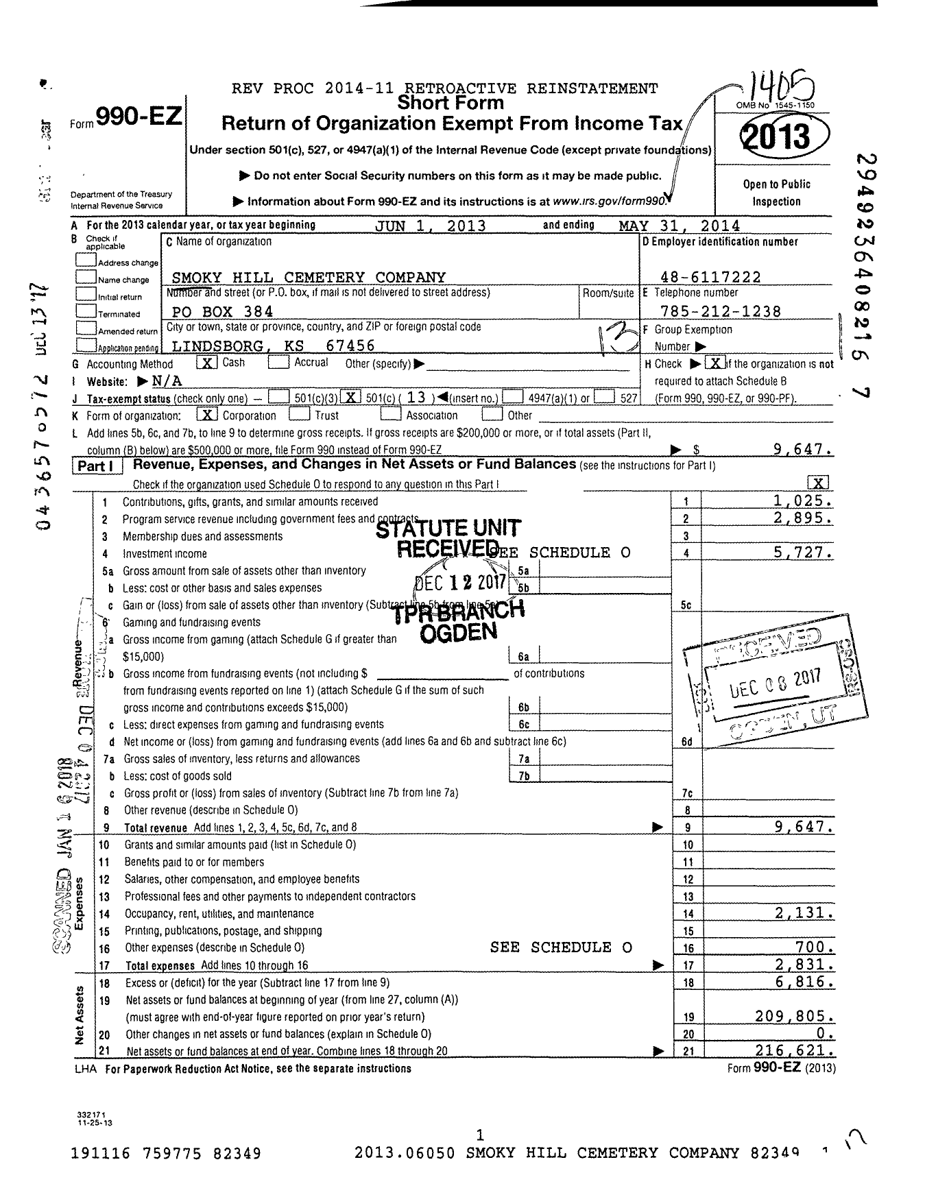 Image of first page of 2013 Form 990EO for Smoky Hill Cemetery Company