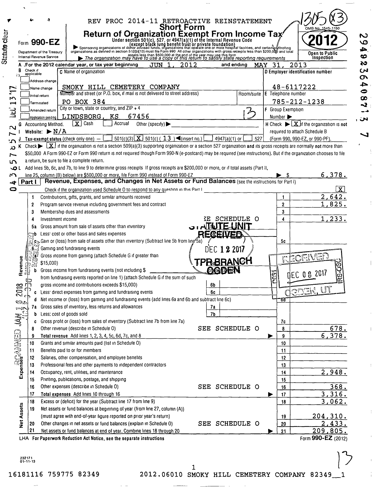 Image of first page of 2012 Form 990EO for Smoky Hill Cemetery Company