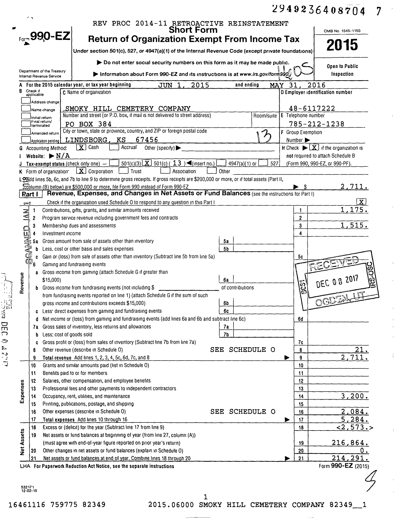 Image of first page of 2015 Form 990EO for Smoky Hill Cemetery Company