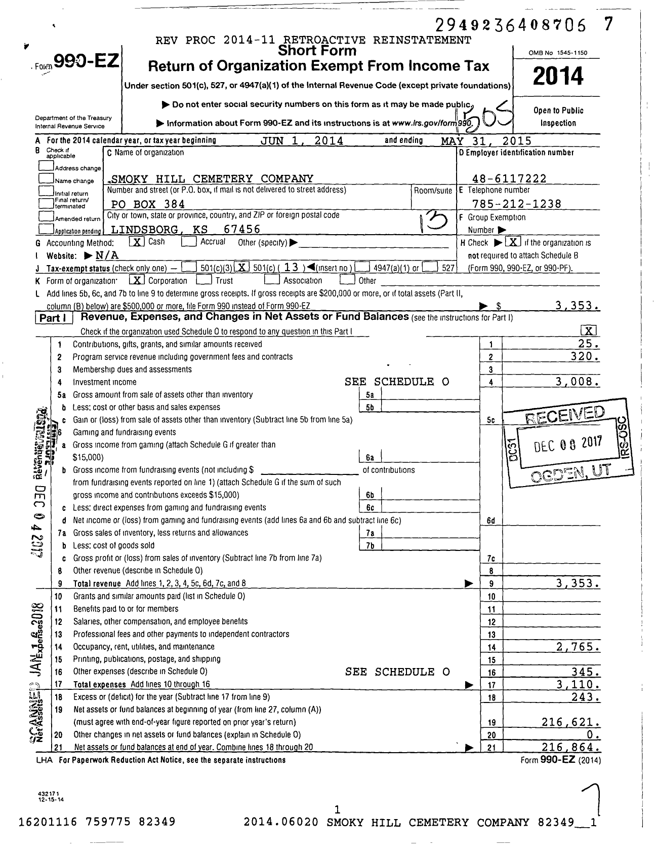 Image of first page of 2014 Form 990EO for Smoky Hill Cemetery Company