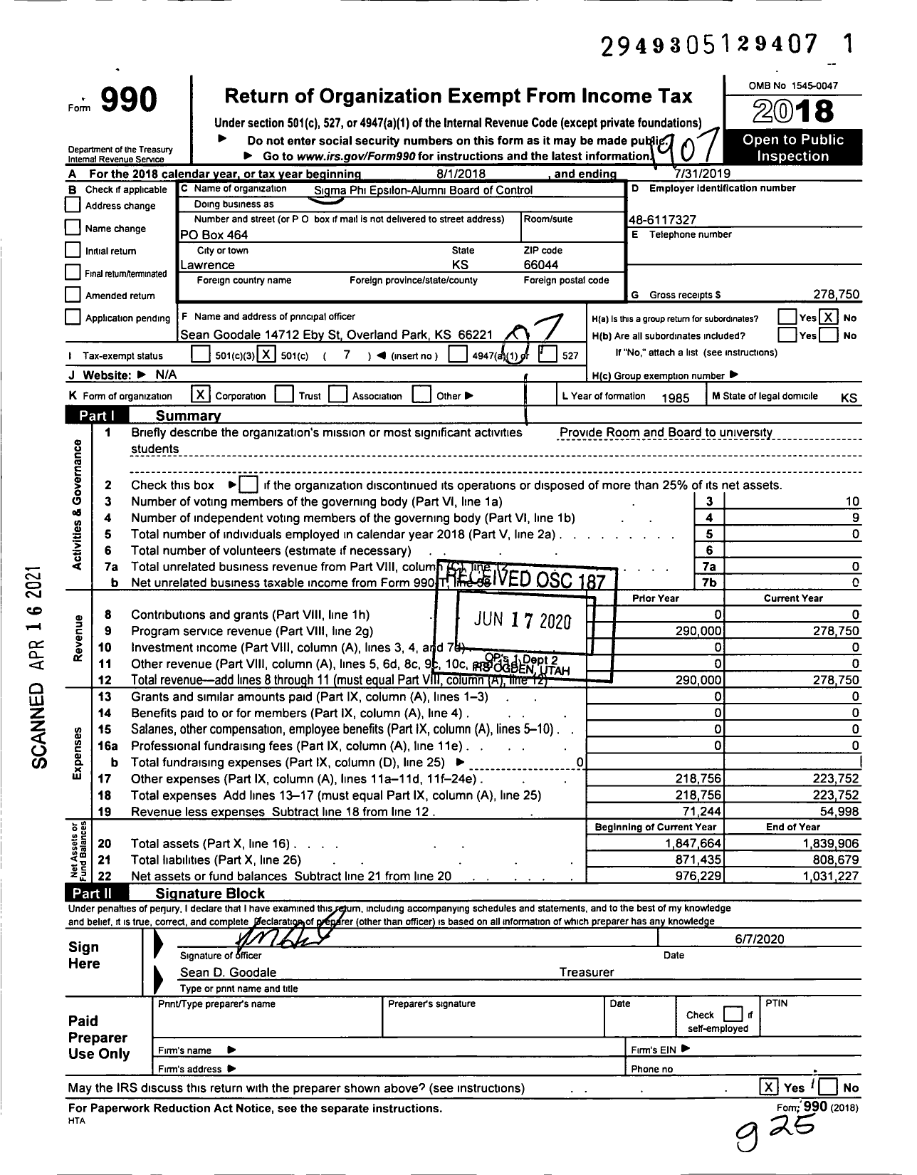 Image of first page of 2018 Form 990O for Sigma Phi Epsilon-Alumni Board of Control