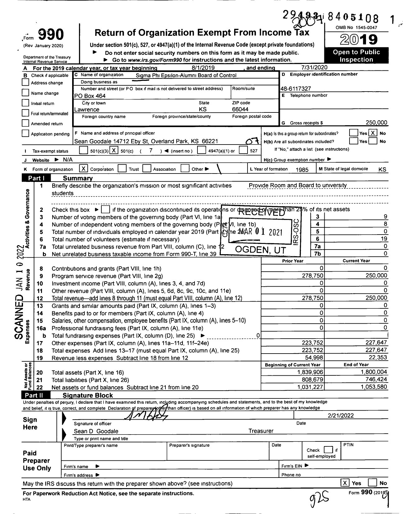 Image of first page of 2019 Form 990O for Sigma Phi Epsilon-Alumni Board of Control