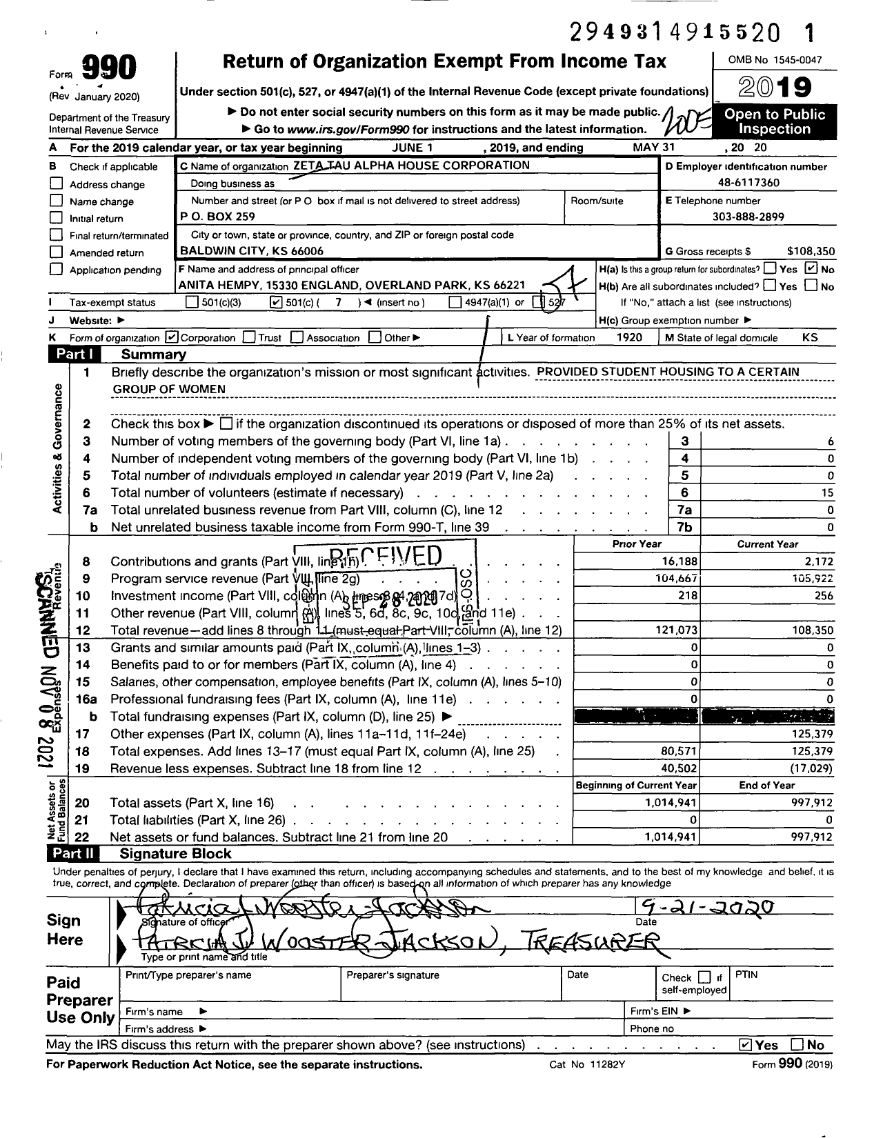 Image of first page of 2019 Form 990O for Zeta Tau Alpha House Corporation