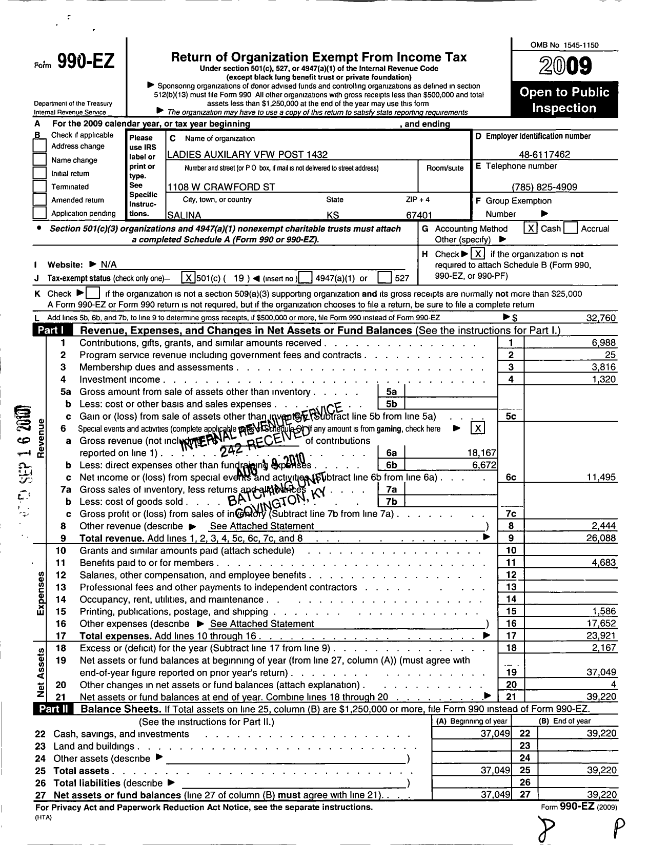 Image of first page of 2009 Form 990EO for Veterans of Foreign Wars Auxiliary Dept of KSW - 1432 LT Col John D Riddell Auxiliary VFW