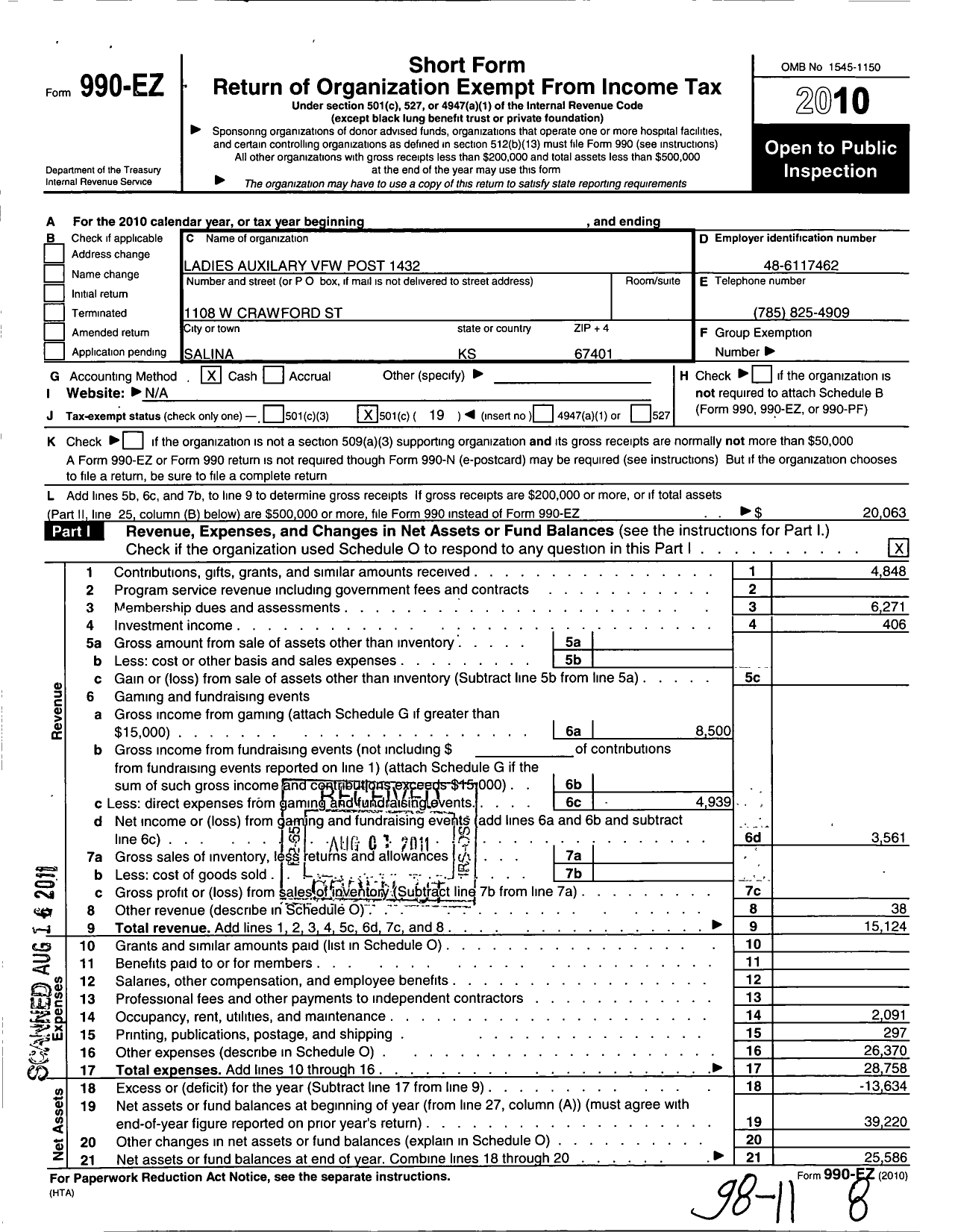 Image of first page of 2010 Form 990EO for Veterans of Foreign Wars Auxiliary Dept of KSW - 1432 LT Col John D Riddell Auxiliary VFW