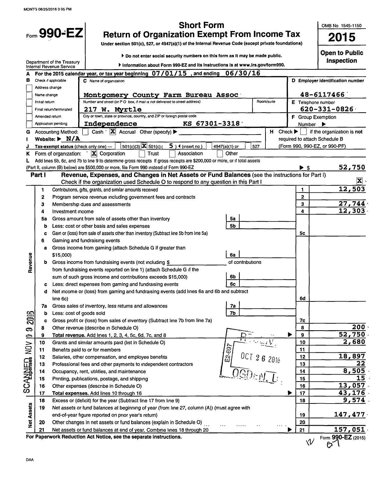 Image of first page of 2015 Form 990EO for Montgomery County Farm Bureau Assoc