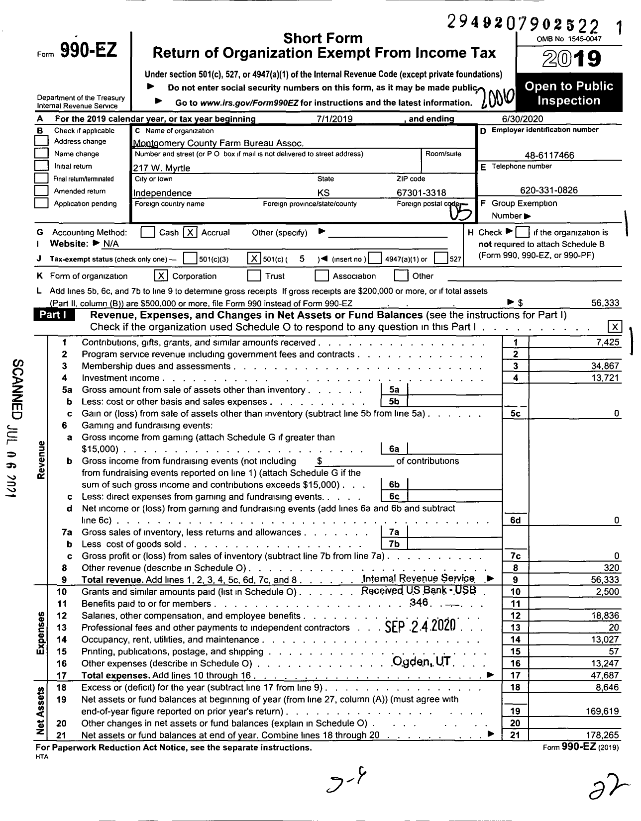 Image of first page of 2019 Form 990EO for Montgomery County Farm Bureau Association