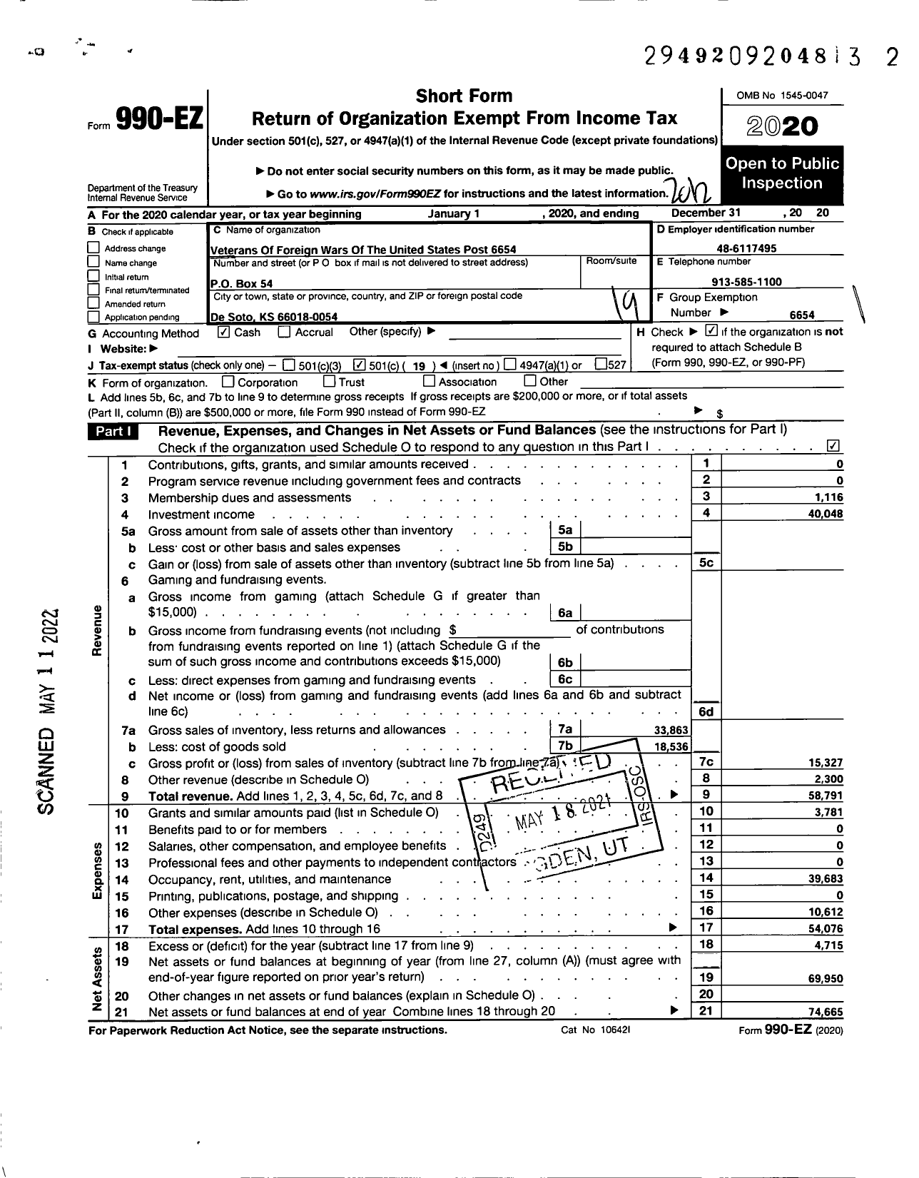 Image of first page of 2020 Form 990EO for Veterans of Foreign Wars of the United States Dept of Kansas - 6654 Linden-Tripkos Memorial